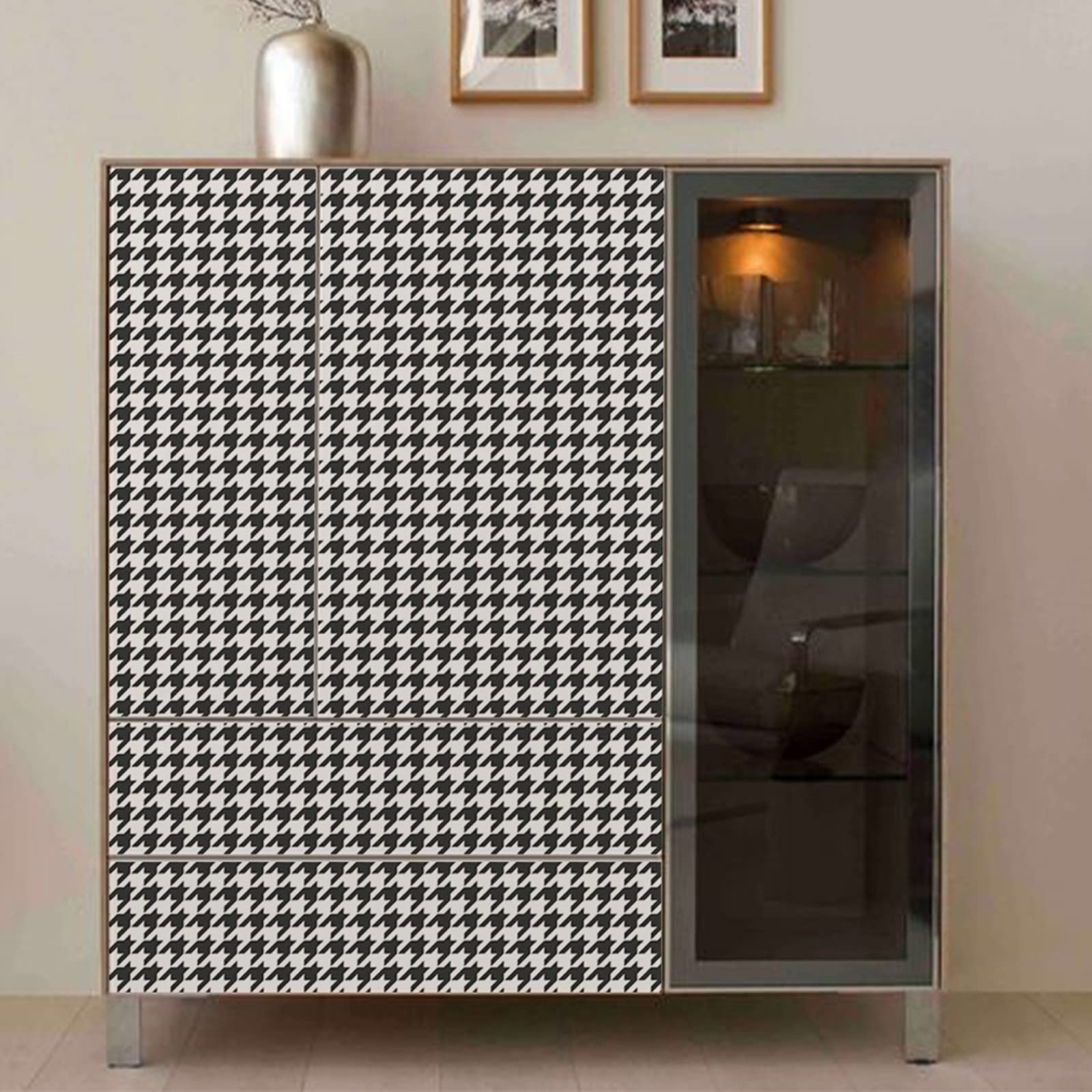Ochine Black and White Trellis Contact Paper - Houndstooth Plaid Peel and Stick Wallpaper - Self-Adhesive Removable Waterproof Wallpaper for Walls, Cabinets, Dressers & Drawers - Perfect for Home Decor, DIY Projects, and Furniture Upcycling