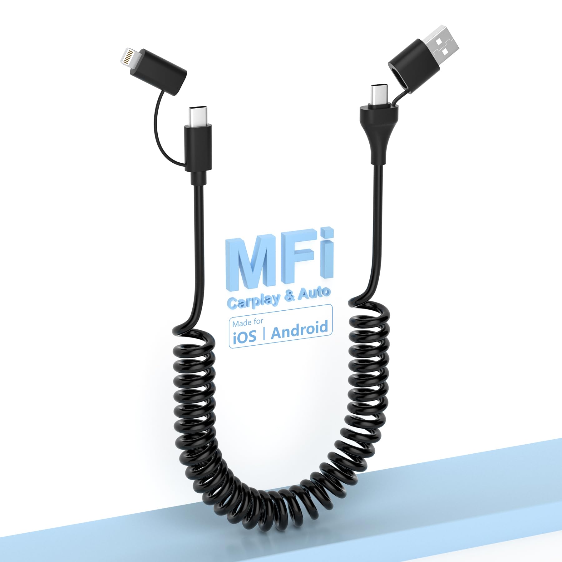 4-in-1 USB C and Lightning Cable [MFi Certified] - 60W Fast Charging & Data Sync for iPhone 15/14/13, iPad, MacBook - Apple CarPlay & Android Auto Compatible - Coiled Multi Charging Cable with Lightning/Type C/USB A Ports - Perfect for Home, Office, Car and Travel Charging
