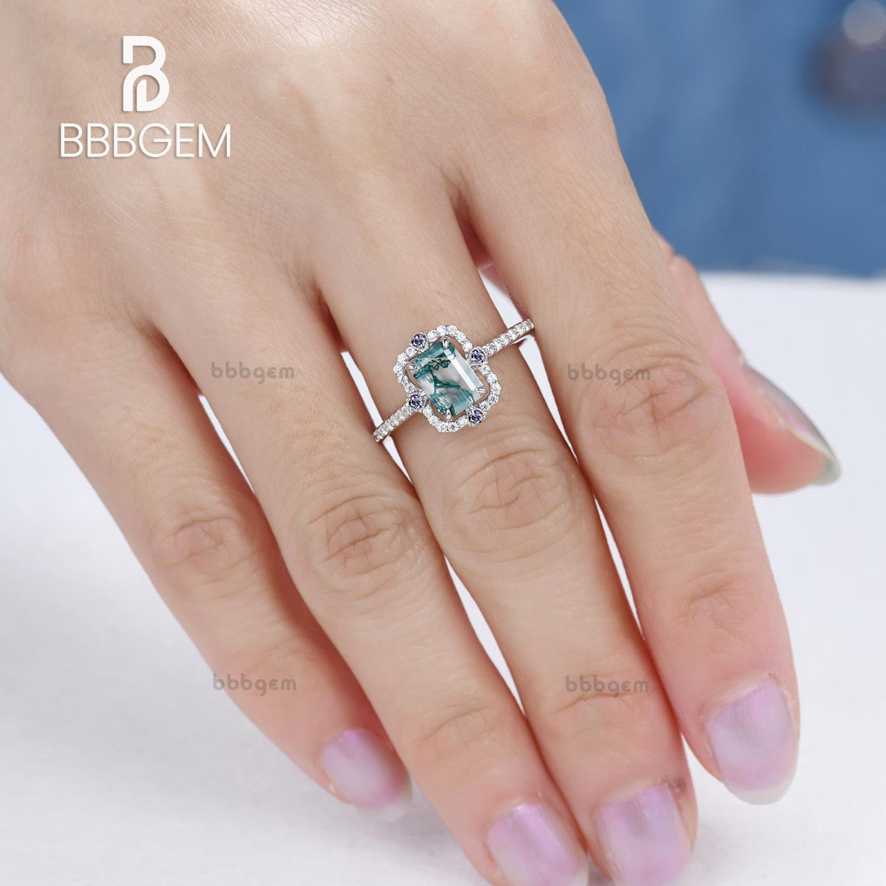 Vintage Emerald Step Cut Moss Agate White Gold Engagement Ring with 4 Alexandrite Accents - Symmetrical Wedding Band for Women, Bridal Jewelry, Anniversary Gift, Proposal Ring for Her
