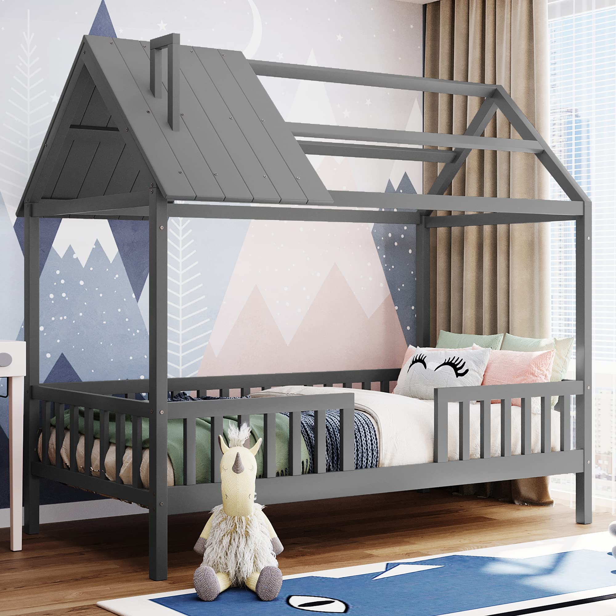 P PURLOVE Twin Wood House Bed Frame with Fence Guardrails - Sturdy Solid Wood Platform Bed for Teens, Girls & Boys - Easy Assembly, No Box Spring Needed (Gray) - Perfect for Kids' Bedrooms, Playrooms & Cozy Sleep Spaces