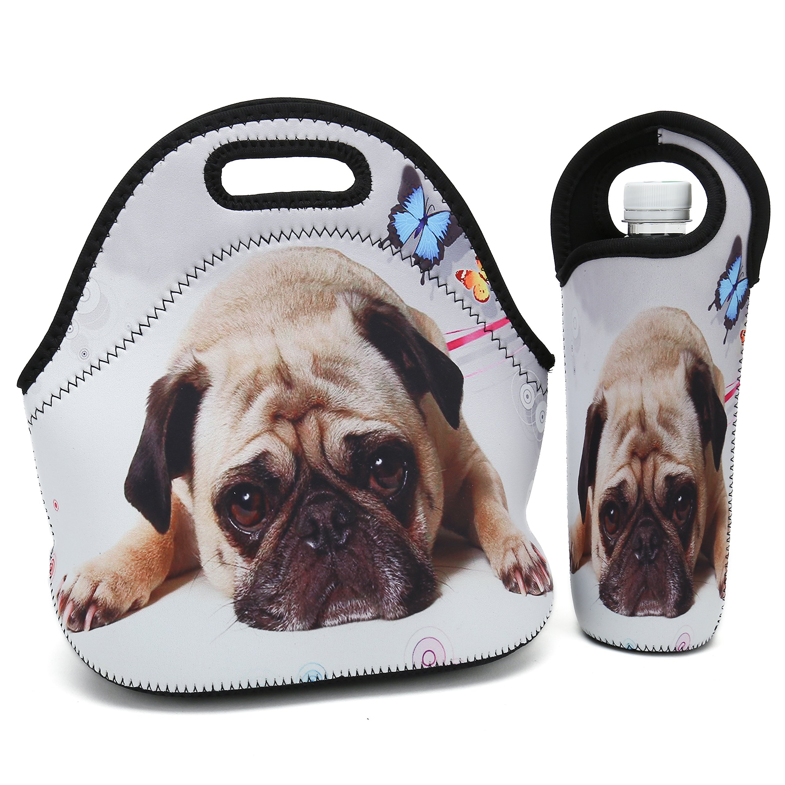 Insulated Neoprene Lunch Bag for Women, Men & Kids - Thick Thermal Lunch Box with Water Bottle Holder - Lightweight & Durable for Travel, Picnic, School, Office - Perfect for Work, Camping & Outdoor Activities (Cute Pug Design)