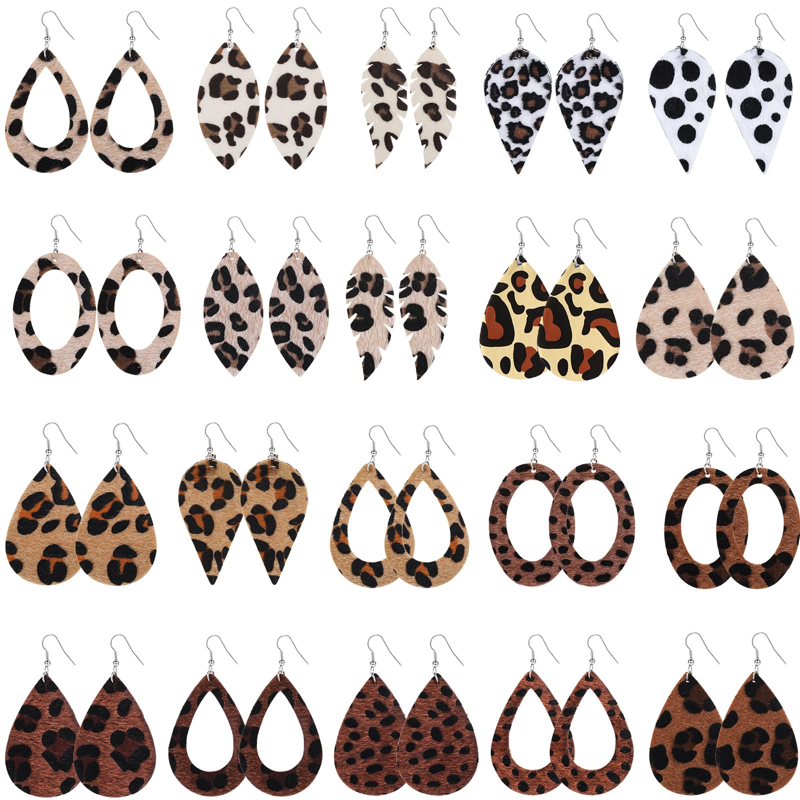 20 Pieces Women's Leather Earrings Set - Petal Leopard Print & Teardrop Dangle Earrings (Solid/Hollow Teardrop & Leaf Design) for Casual Wear, Parties & Gift Giving