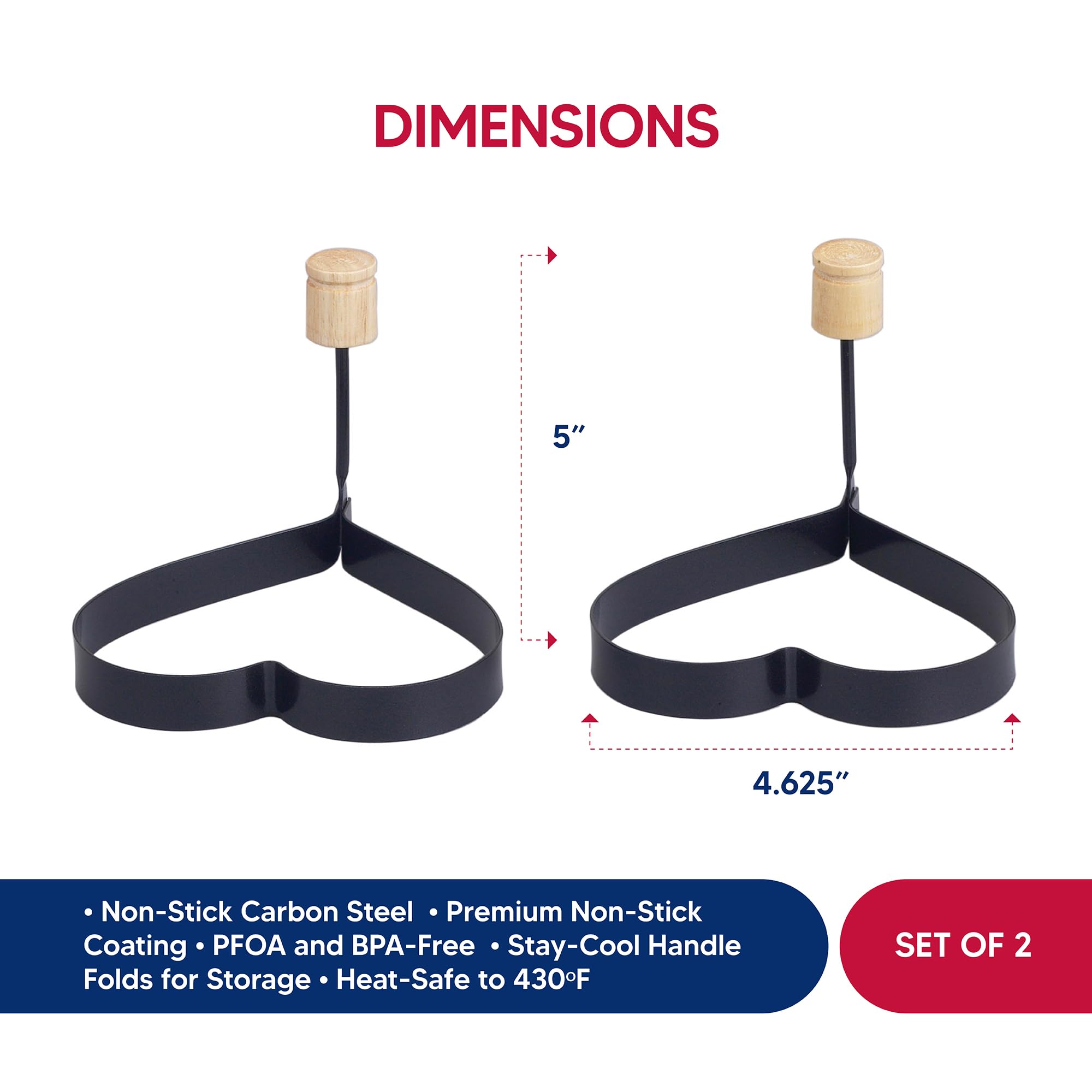 Non-Stick Heart Shaped Egg & Pancake Cooking Rings - PFOA & BPA Free - 4.625 x 4.25 Inches (Set of 2) - Perfect for Breakfast, Brunch & Romantic Meals