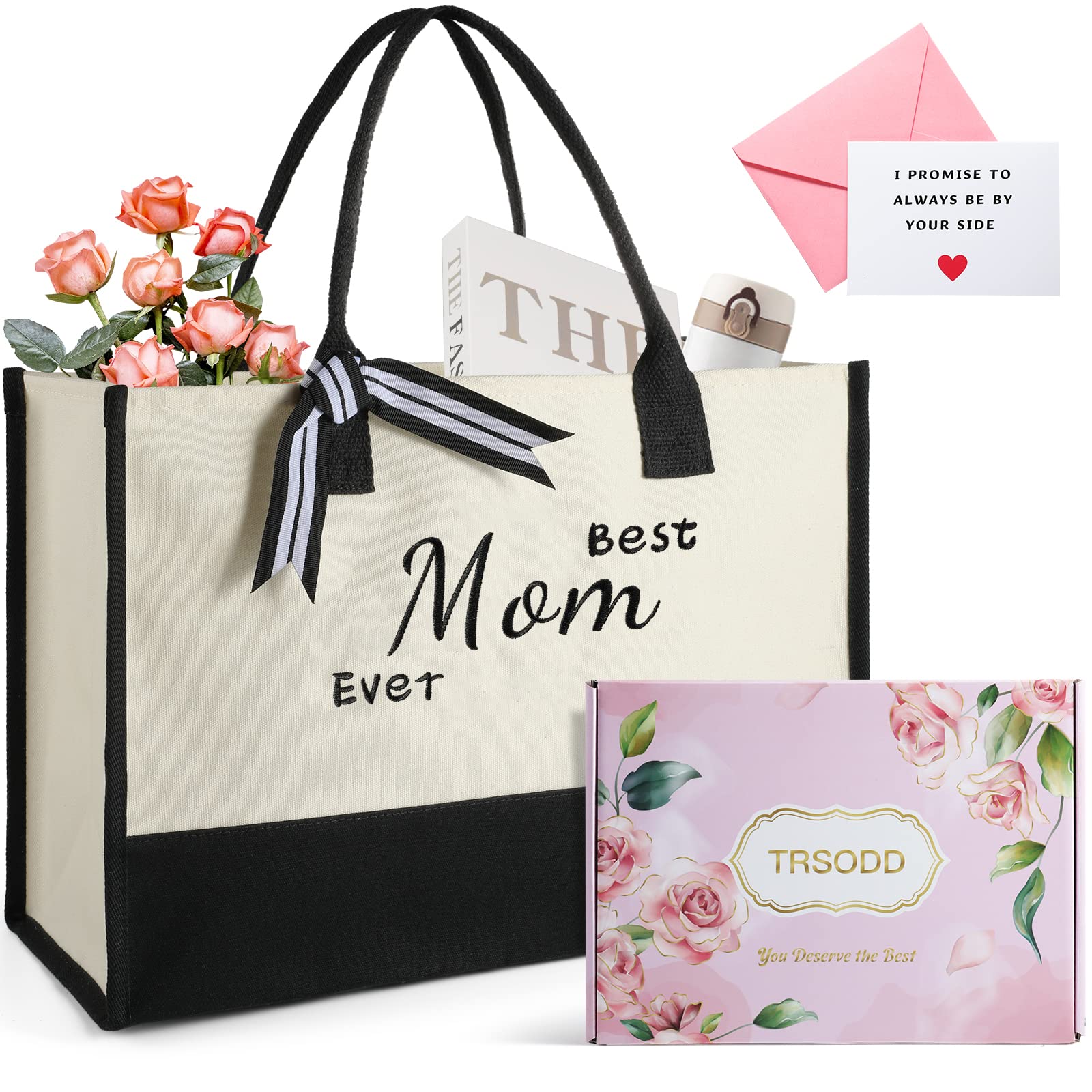 TRSODD Embroidered Canvas Tote Bag & Makeup Bag Set - Unique Mother's Day Gift for Mom from Daughter or Son, Birthday Present for Women - Perfect for Shopping, Travel & Daily Use