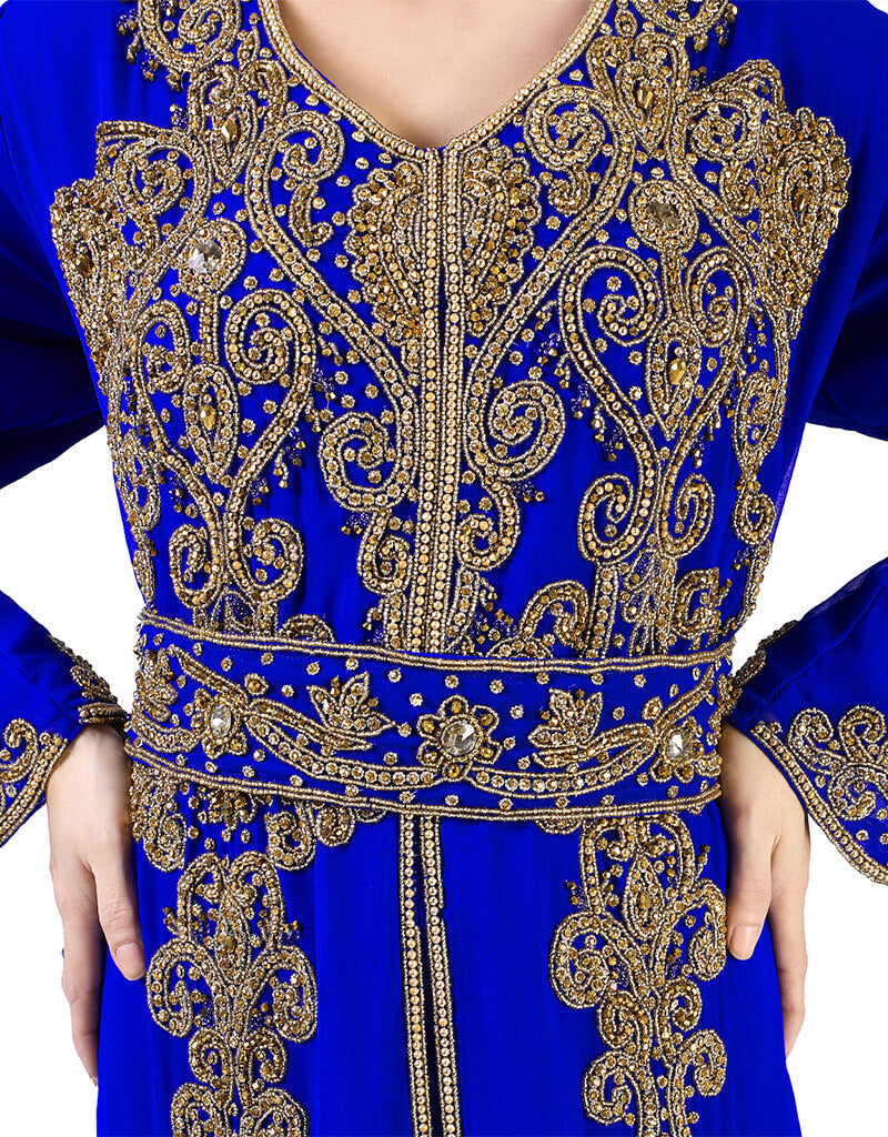 Elegant Arabic Royal Blue Georgette Kaftan with Pearl Embroidery - Perfect for Weddings, Parties & Special Occasions