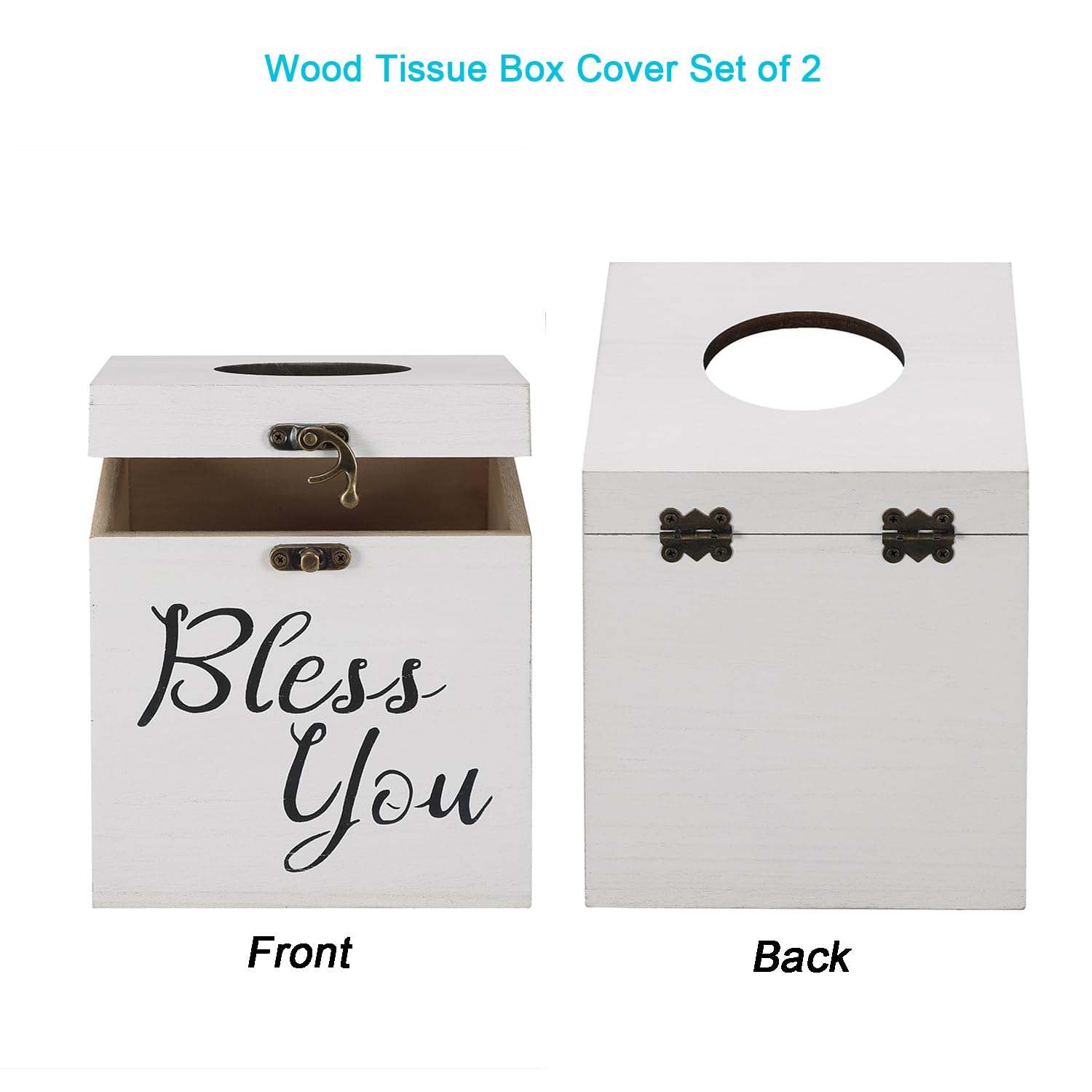 Bless You Tissue Box Cover - Wooden Square Farmhouse Style Toilet Paper Holder (Classic White) | Decorative Bathroom & Living Room Tissue Box Organizer
