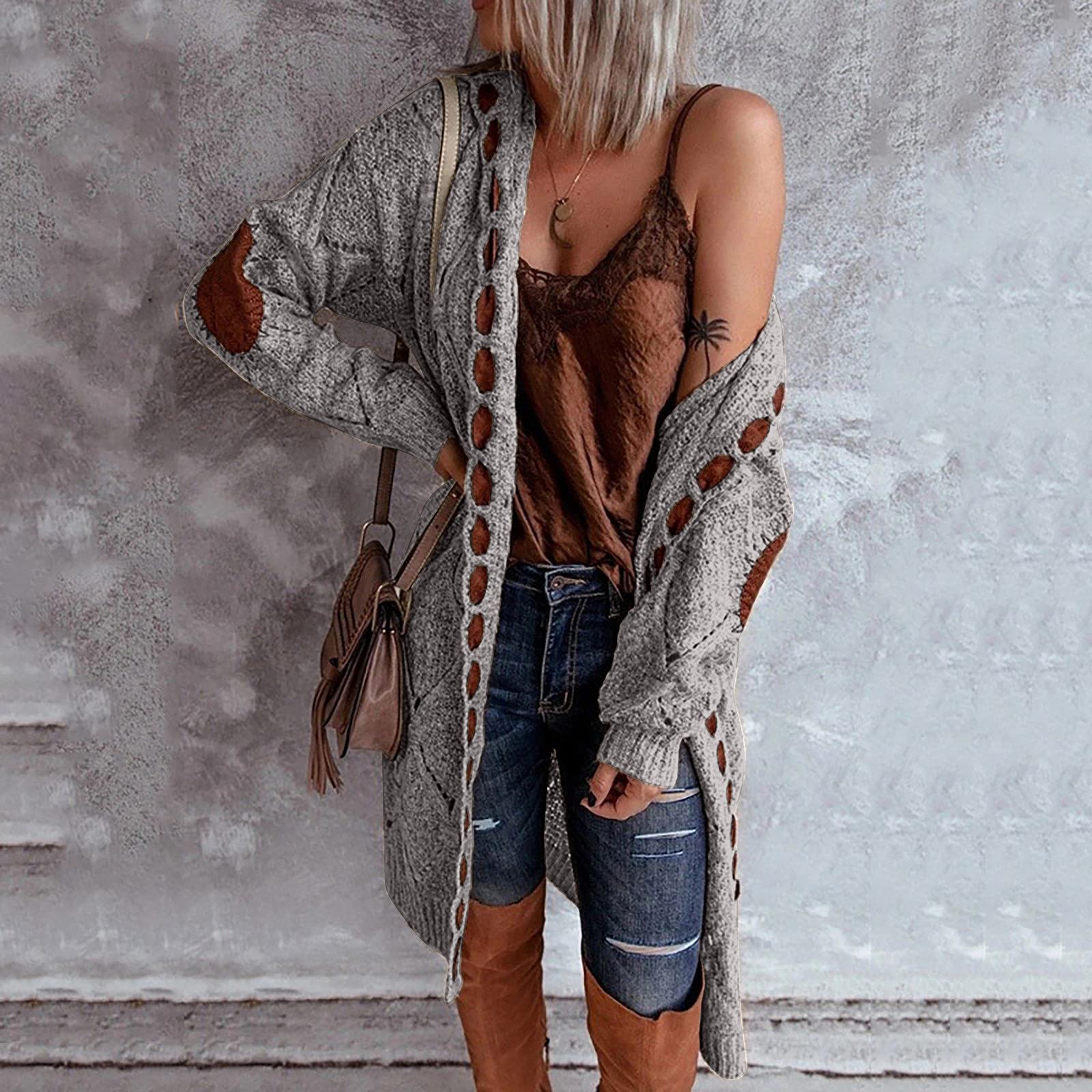 Women's Long Chunky Cardigan - Lightweight Knit Sweater with Elbow Patches & Hood - Cozy Fall & Winter Fashion for Office, Travel & Casual Outfits