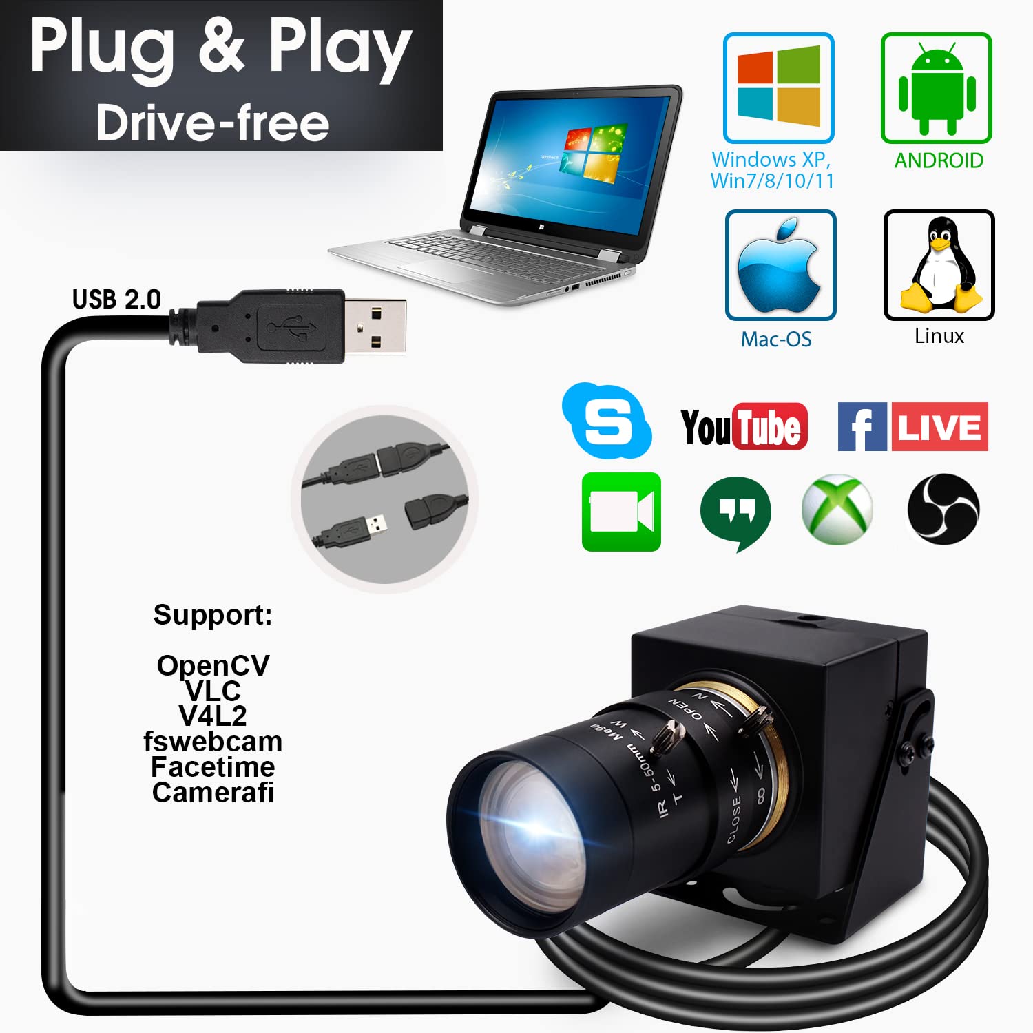 SVPRO 8MP USB Webcam with Manual Focus & 5-50mm Varifocal Lens - 10X Zoom External Camera for PC/Laptop (Plug & Play UVC) - Perfect for Video Conferencing, Live Streaming & Online Classes