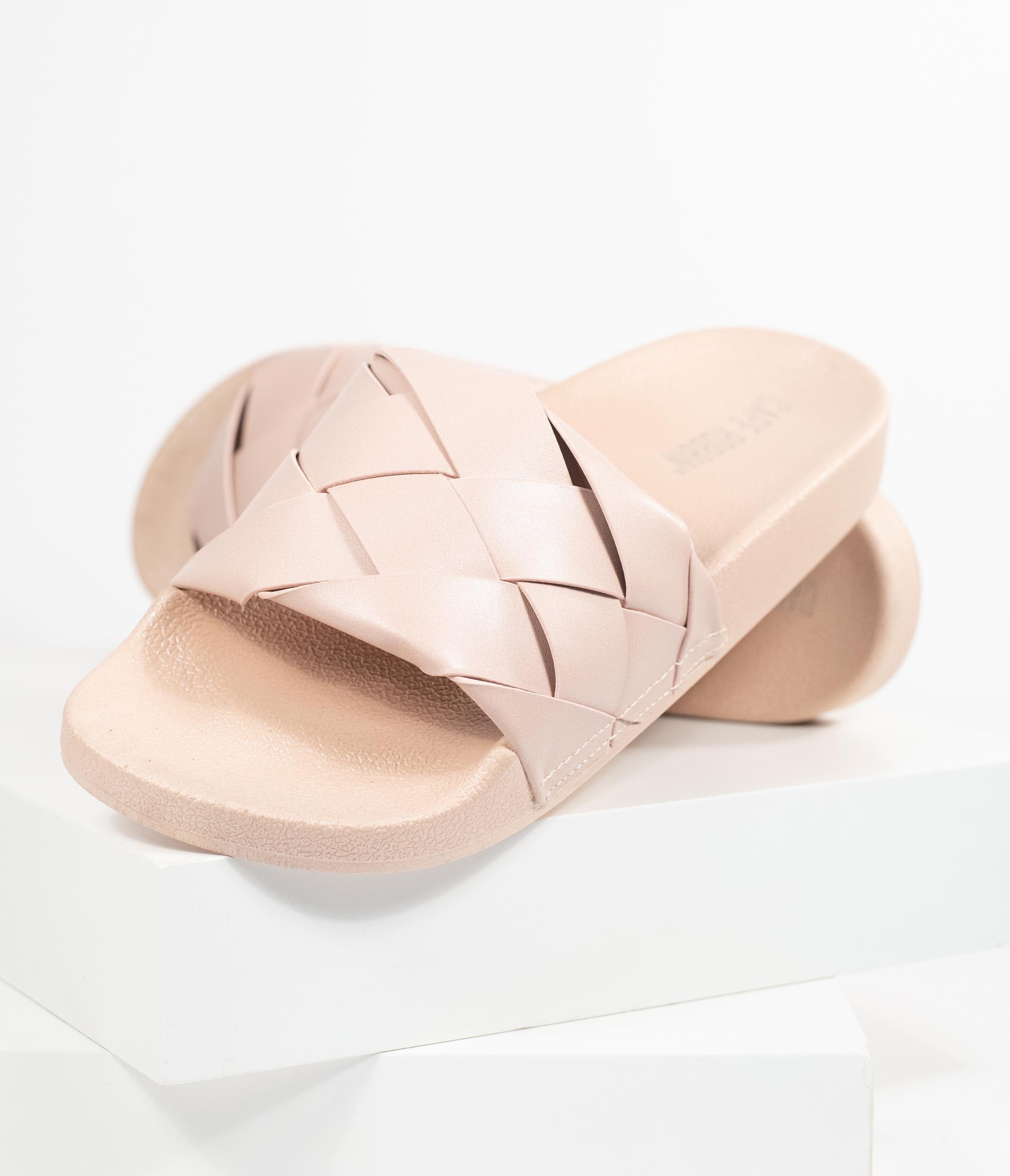 Blush Pink Leatherette Woven Slide Sandals for Women - Comfortable Summer Casual Shoes for Beach, Pool, and Vacation Wear