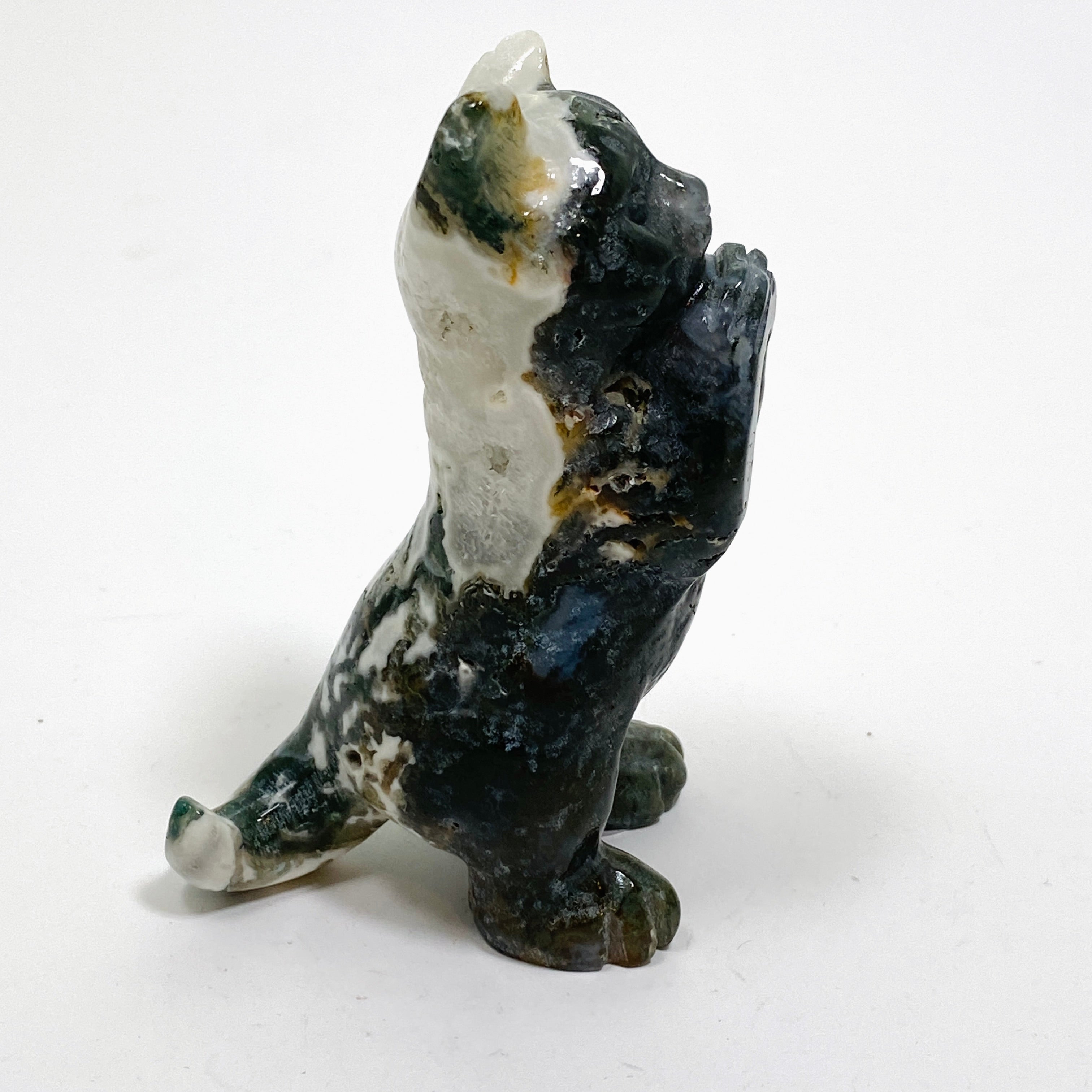 Handcrafted Moss Agate Cat Carving MAC 03 - Unique Gemstone Home Decor for Cat Lovers | Perfect for Bookshelf Display, Feng Shui Decor & Gift Giving