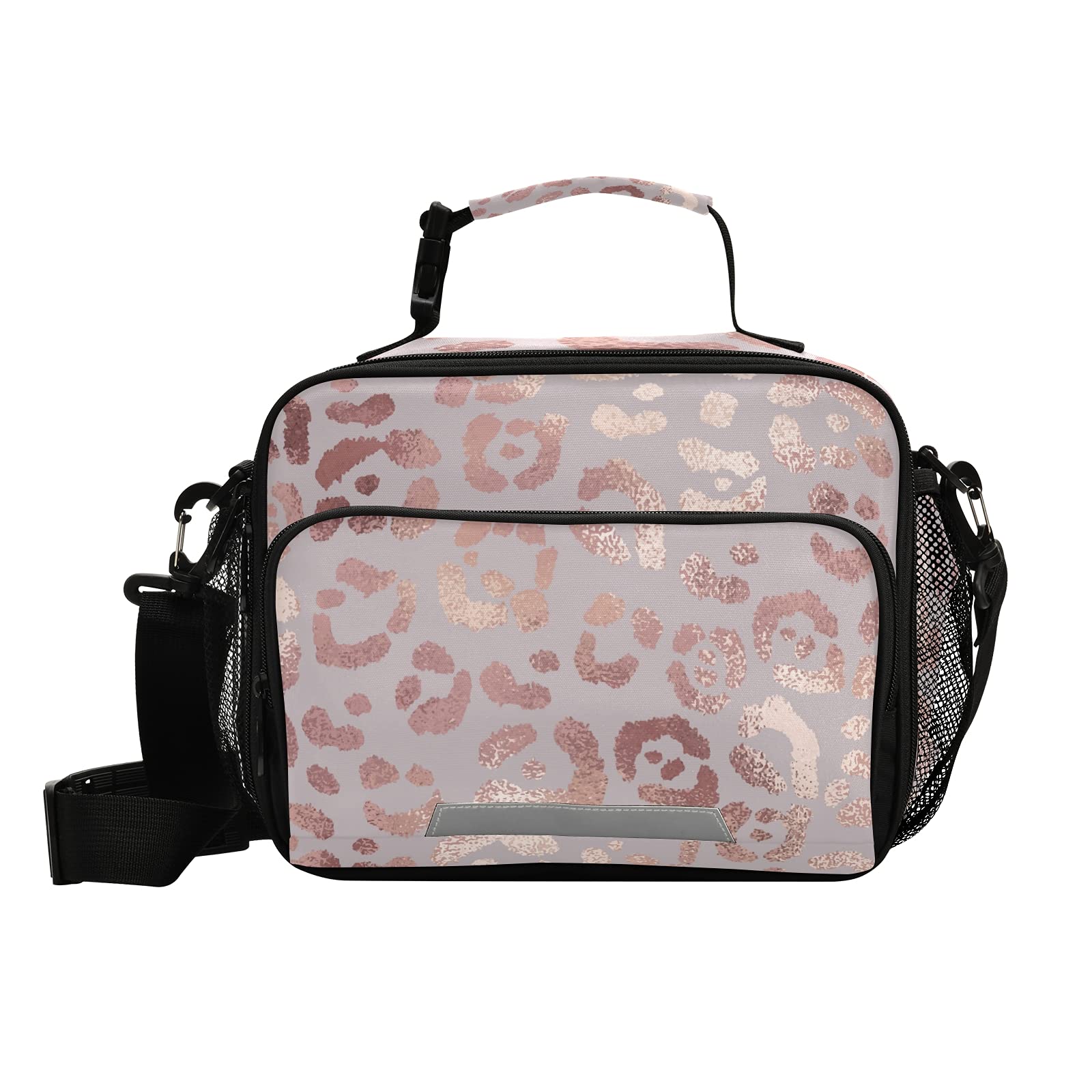 Stylish Rose Gold Leopard Print Insulated Lunch Box for Women & Girls - Reusable Thermal Lunch Tote Bag for Work, School, Picnic & Outdoor Activities | Cute Leopard Pattern Cooler Bag with Shoulder Strap