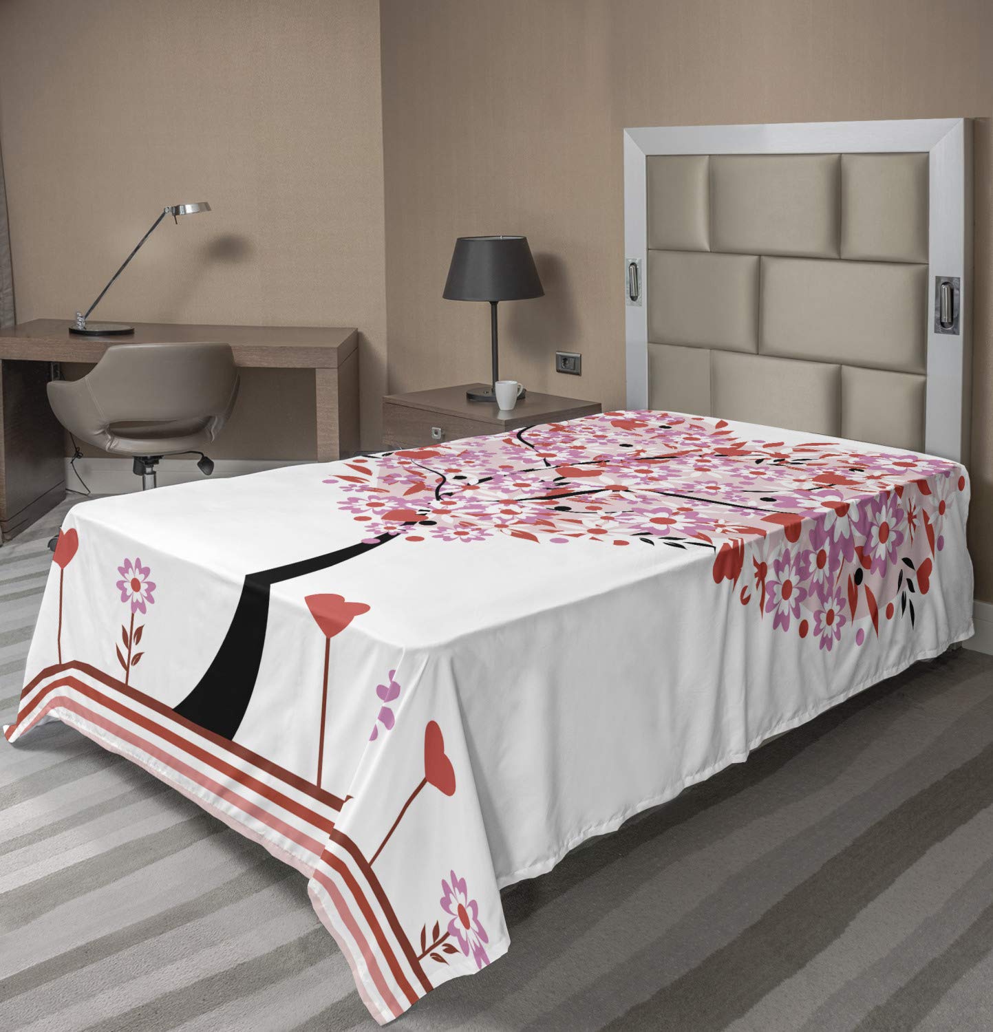 Ambesonne Valentine Flat Sheet - Heart Shaped Tree with Daisies Wildflowers & Red Leaves Forest Romance Design | Soft Comfortable Decorative Top Bedding Sheet | Twin Size, Multicolor | Perfect for Valentine's Day Gifts, Romantic Bedroom Decor & Seasonal Home Styling