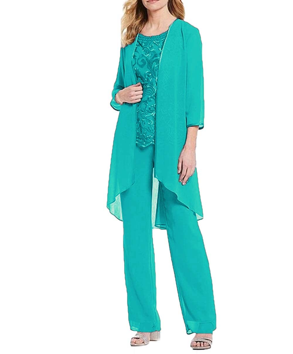 Elegant Plus Size Women's Formal Pant Suit - Chiffon Beading & Lace Appliqued Mother of The Bride Outfit - Wedding Guest Dress for Special Occasions & Evening Events