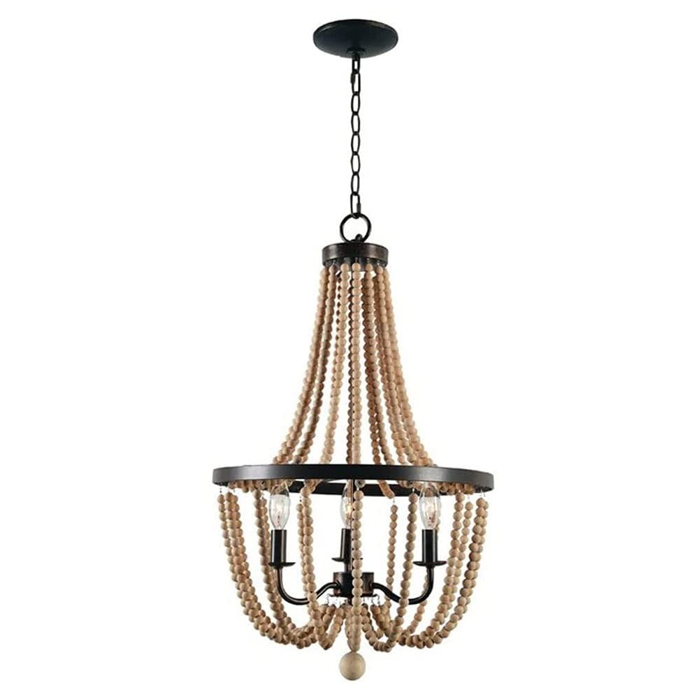 Rustic Wood Bead Chandelier - Farmhouse 3-Light Wooden Beaded Ceiling Fixture for Kitchen Island, Bedroom, Dining & Living Room | Perfect for Cozy Home Decor and Country Style Interior Lighting