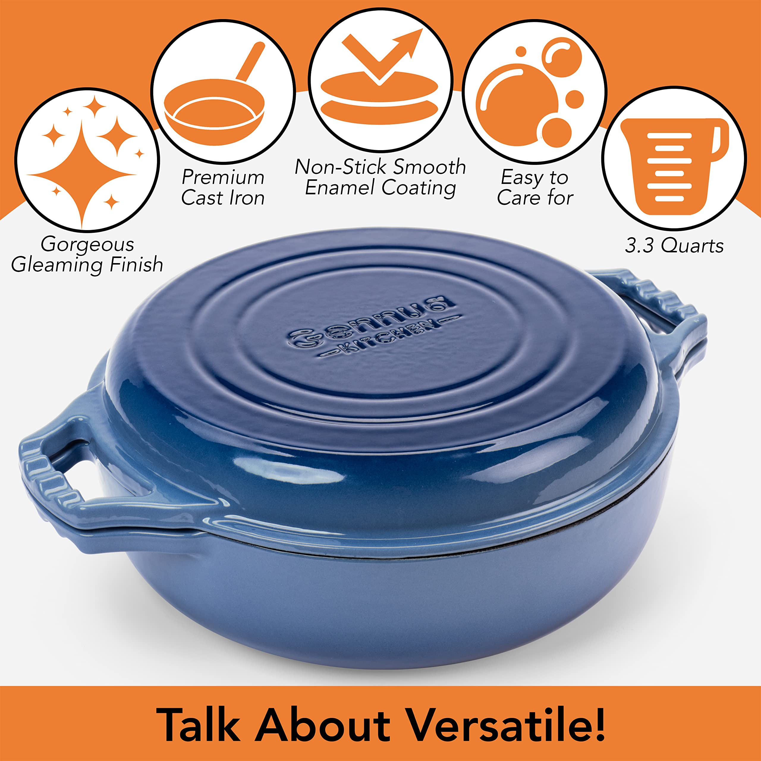 2-in-1 Enameled Cast Iron Braiser Pan with Grill Lid - 3.3-Quart Small Dutch Oven, Casserole & Stovetop Grill Pan, Durable Cast Iron Cookware for Roasting, Baking, Searing & Grilling - Perfect for Kitchen, Camping & Outdoor Cooking