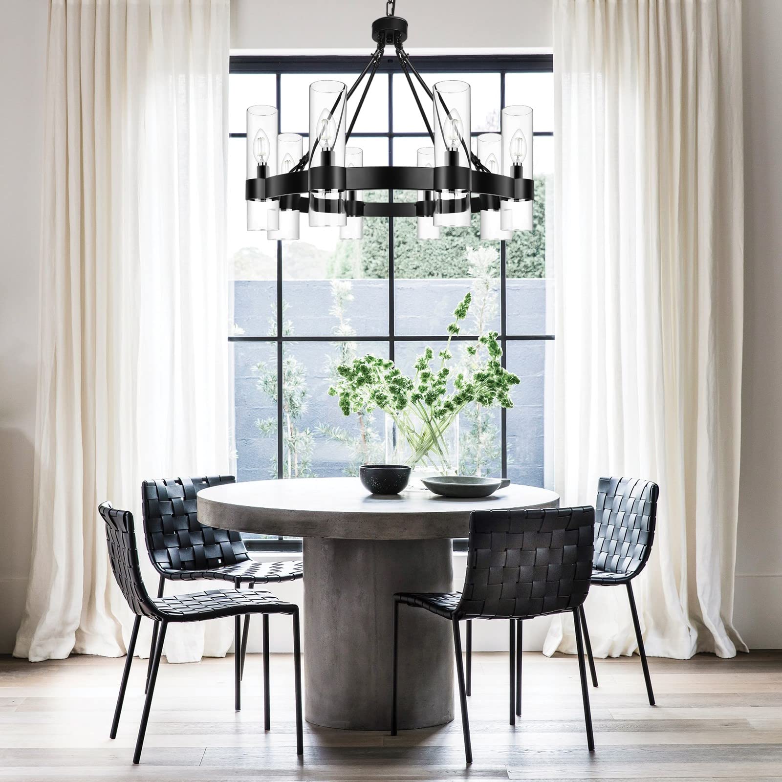 8-Light Black Wagon Wheel Chandelier - Modern Farmhouse Glass Pendant Light with Industrial Style - Round Hanging Lighting Fixture for Living Room, Dining Room, Kitchen Island, Entryway, Foyer - Perfect for Rustic Home Decor and Open Ceiling Spaces