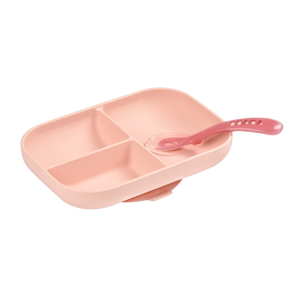 BEABA Silicone Suction Divided Plate Set with Spoon - BPA-Free Baby Feeding Dish - Microwave & Dishwasher Safe - Non-Slip Base for Toddlers - Rose Color | Perfect for Home, Travel & Daycare Use