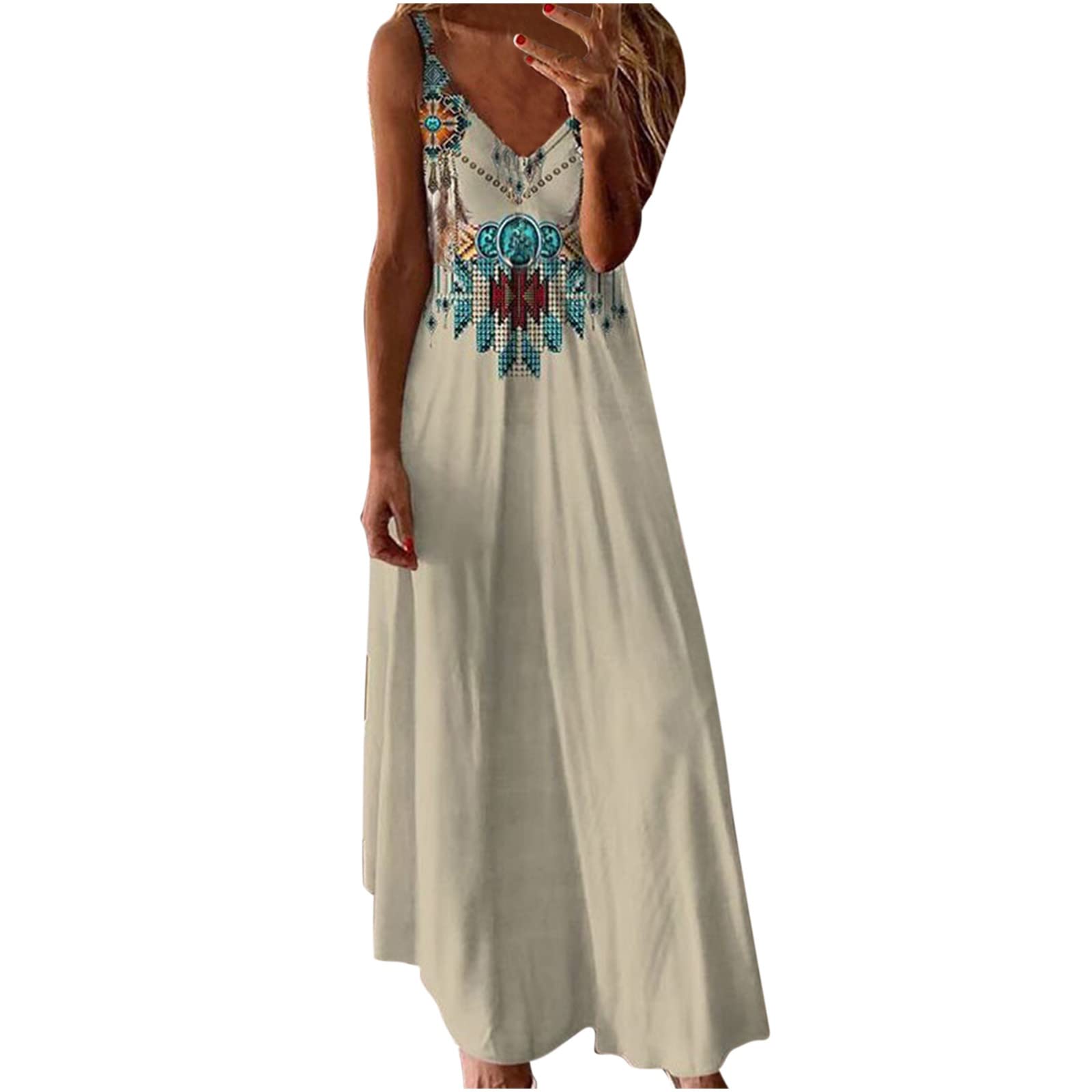 Boho Floral Maxi Dress for Women - Sexy Spaghetti Strap Summer Sundress with Deep V Neck & Loose Fit | Perfect for Beach Vacations, Music Festivals & Casual Outings