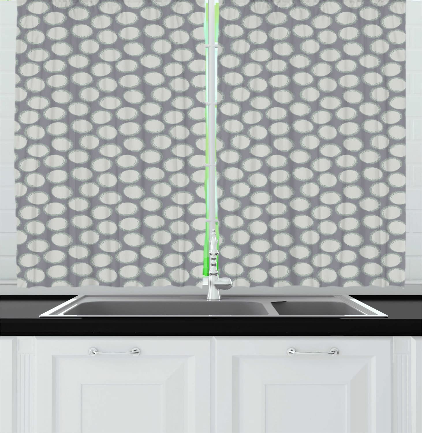 Ambesonne Abstract Long Kitchen Curtains - Pastel Watercolor Brush Stroke Circles Design, Taupe Grey Sage Green Drapes with Rod Pocket, 55