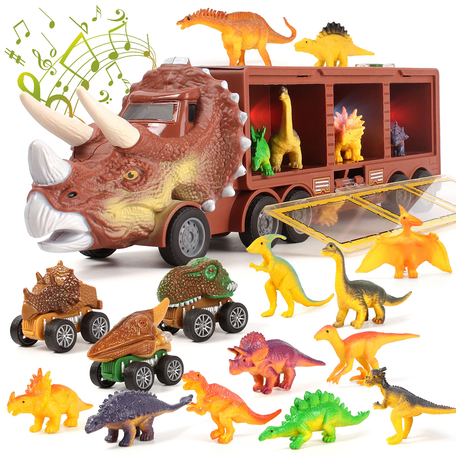 28-Piece Dinosaur Toy Trucks Pull Back Cars Set with Flashing Lights, Music & Roaring Sounds - Dinosaur Car Launcher Track for Boys & Girls Ages 3-8 - Perfect for Birthday Gifts, Party Favors & Pretend Play (Brown)