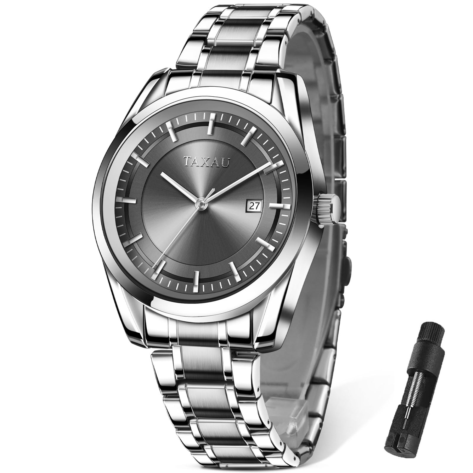 Luxury Men's Business Dress Watch - Silver Stainless Steel Analog Quartz Watch with Day/Date Display | Waterproof & Luminous | Perfect for Office, Formal Events & Everyday Wear | Taxau Men's Wristwatch