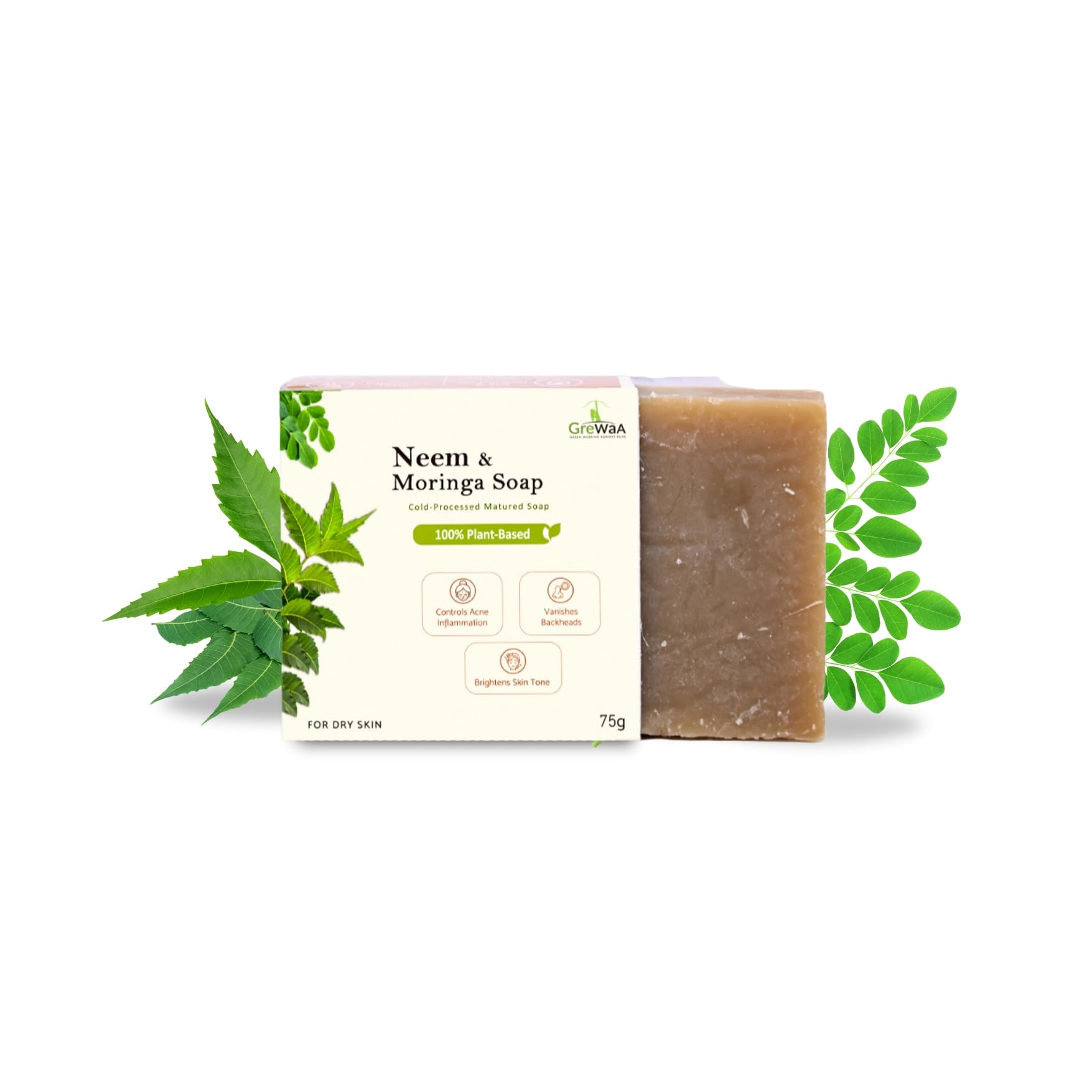 **Grewaa Neem & Moringa Soap for Acne, Pimples & Dry Skin – Cold-Processed 100% Natural with Neem, Moringa & Olive Oil (75g) – Gentle Cleansing for Face & Body – Perfect for Sensitive & Problem Skin**