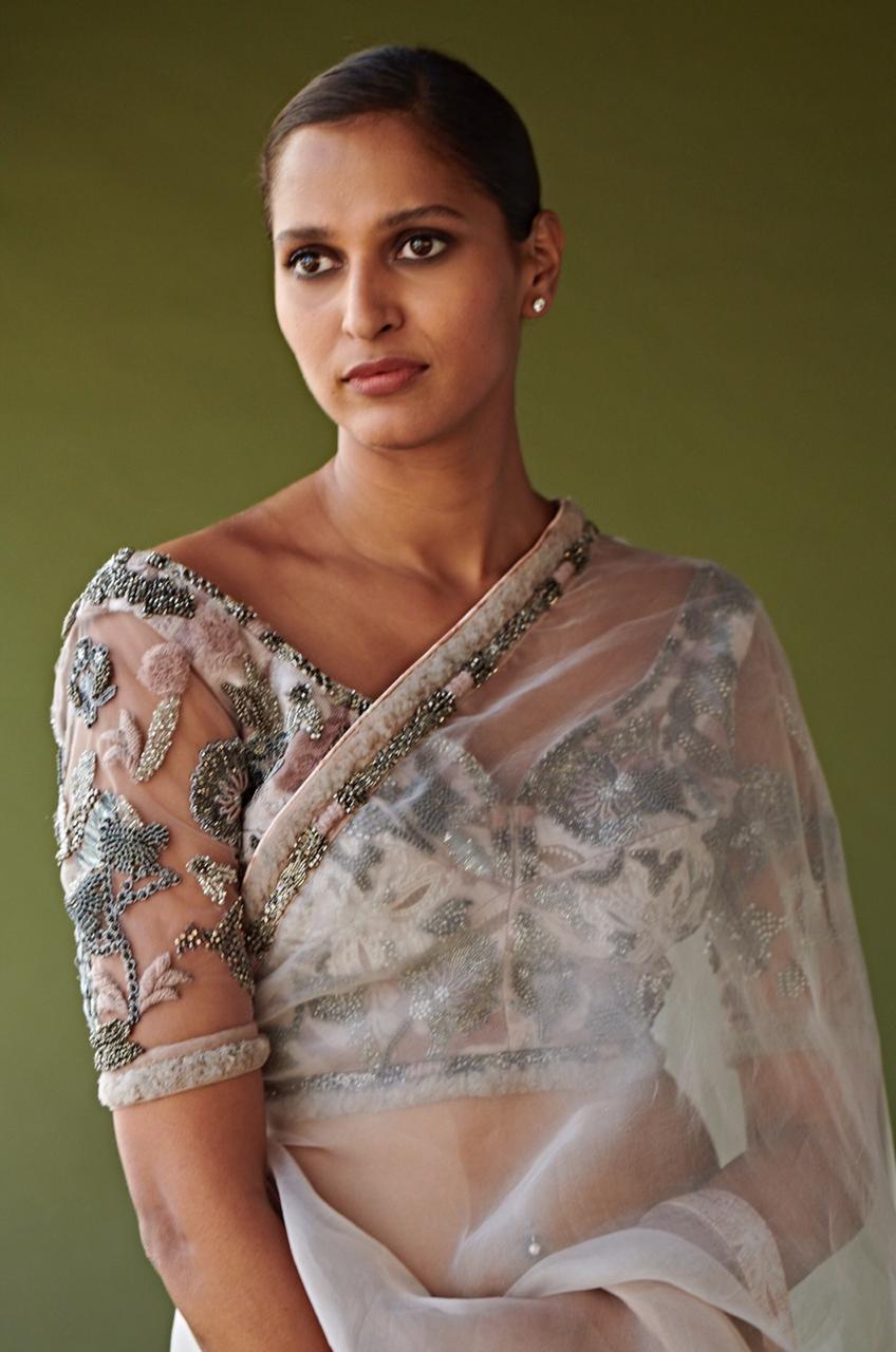Elegant Blush Pink Ombre Saree with Hand-Embellished Pewter Blouse - Perfect for Weddings, Parties & Special Occasions