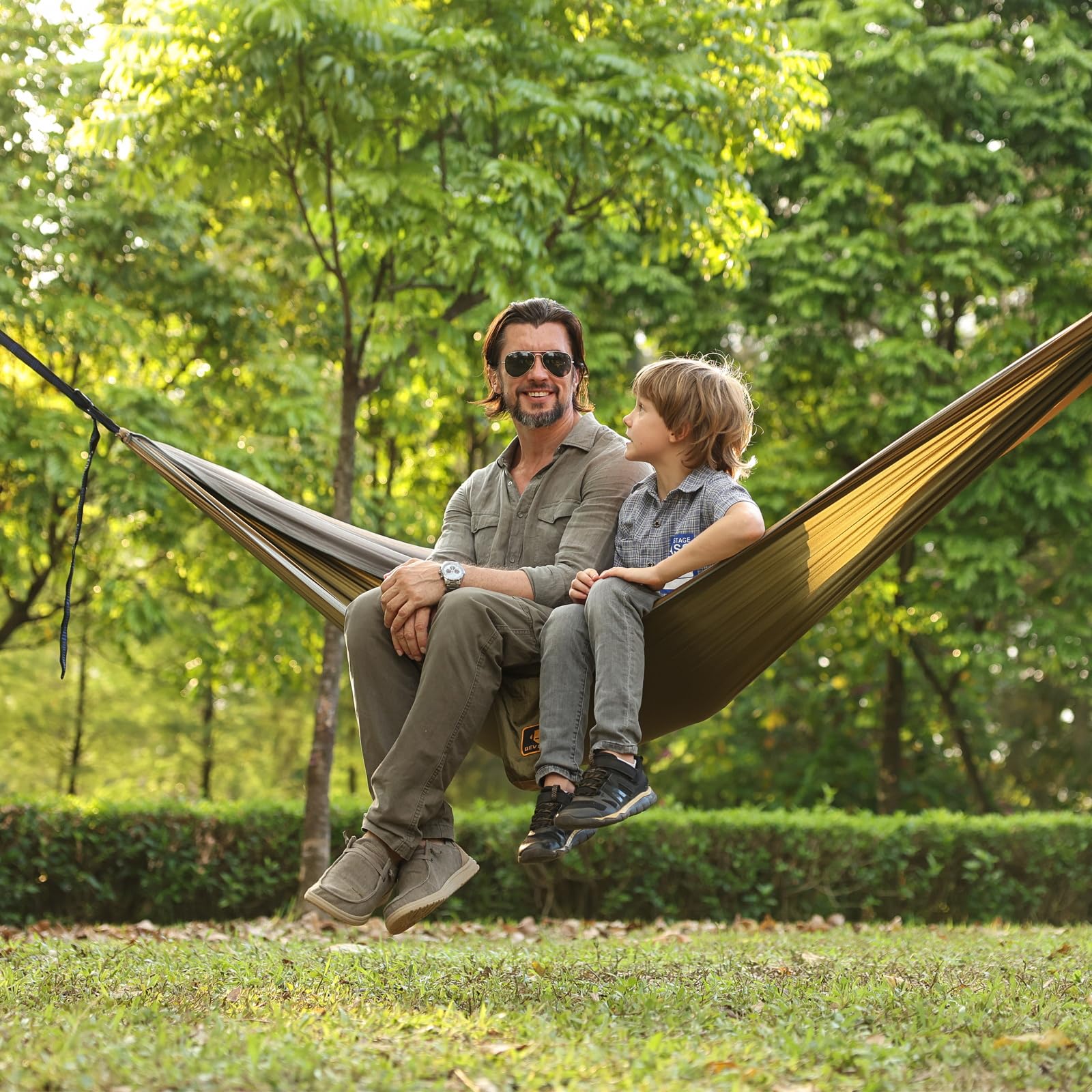 Portable Camping Hammock with Mosquito Net - Lightweight Nylon Parachute Hammock for Outdoor Adventures | Includes 10ft Tree Straps | Perfect for Travel, Hiking, Backpacking, Beach & Patio (Green & Khaki) | Great for Summer Camping, Backyard Relaxation & Wilderness Adventures