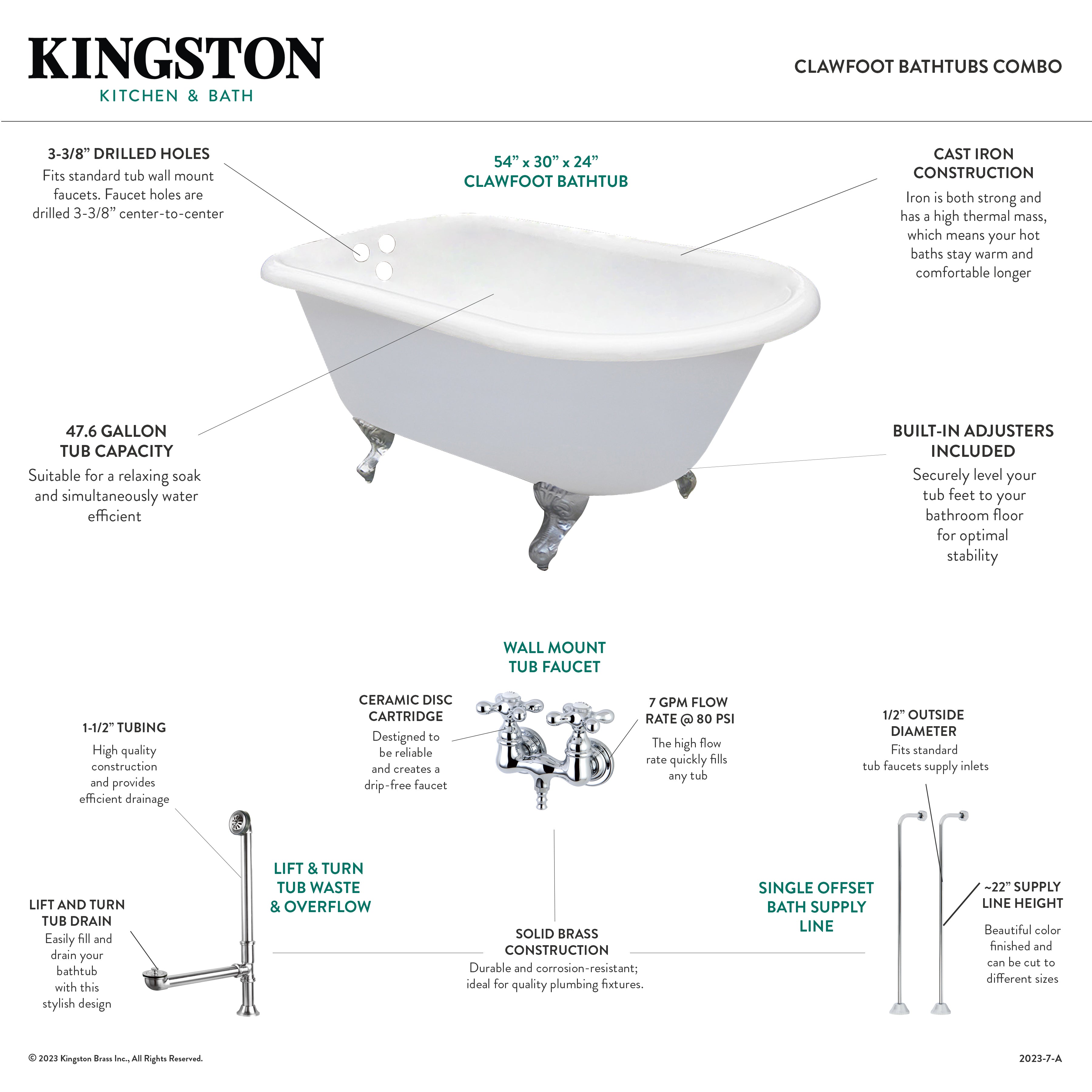 54 Inch White Cast Iron Clawfoot Bathtub with Roll Top & Brushed Nickel Faucet - Oval Rectangular Freestanding Tub for Vintage Bathroom Decor - Includes Drain & Supply Lines - Aqua Eden KCT3D543019C8