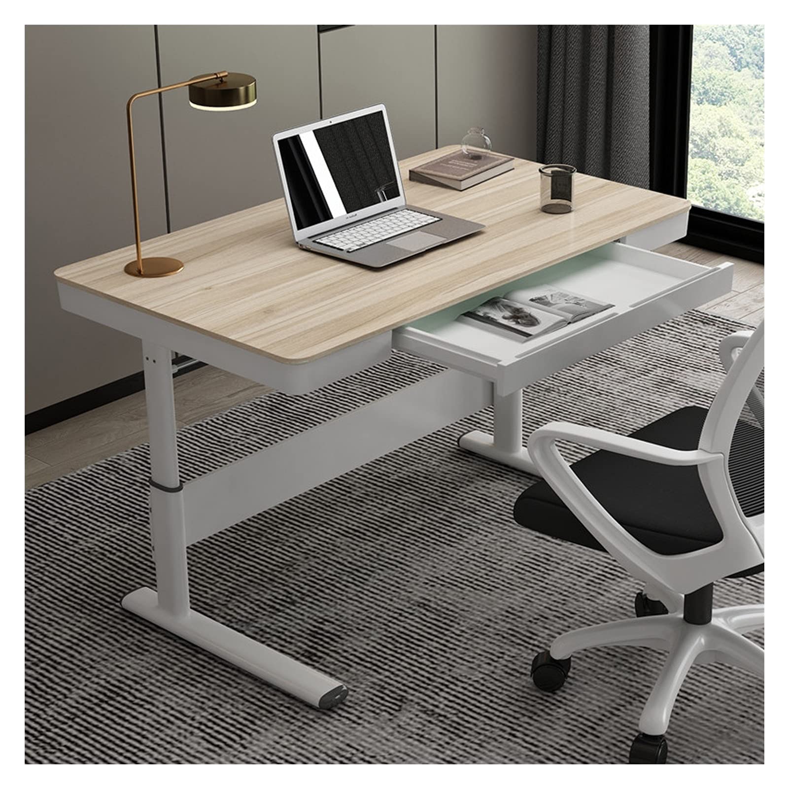 Height Adjustable Writing Desk - Manual Lift Standing Desk for Home Office, Study & Gaming - Modern Minimalist PC Workstation with Drawer - Perfect for Small Spaces, Remote Work & Ergonomic Workspaces