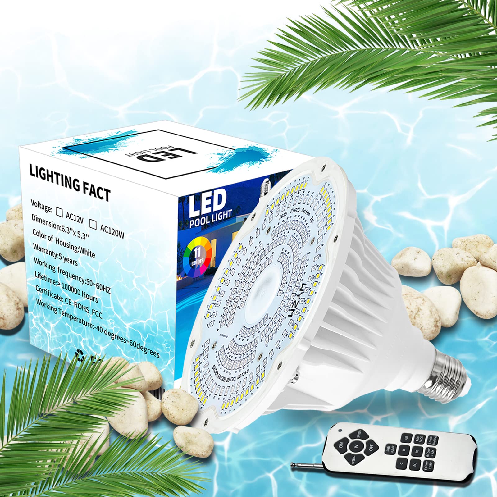 WYZM 40W LED Pool Light Bulb with Remote Control - IP68 Waterproof, 120V, Compatible with Pentair & Hayward Inground Swimming Pool Lights - Perfect for Backyard, Garden, and Landscape Lighting