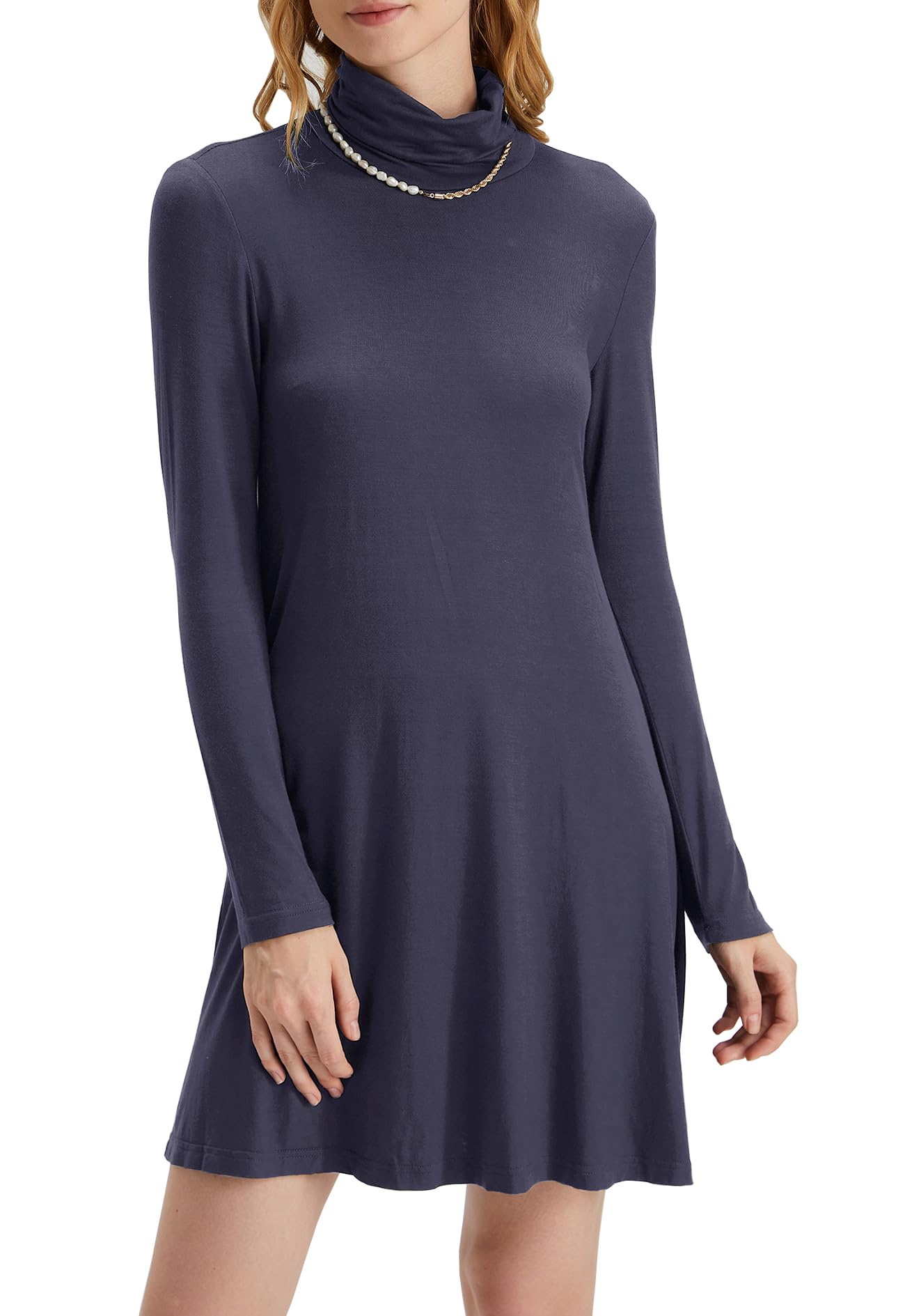 Women's Long Sleeve Turtleneck Casual Loose T-Shirt Dress - Comfortable Stretchy Knit Top for Fall Winter Layering, Work Office & Everyday Wear