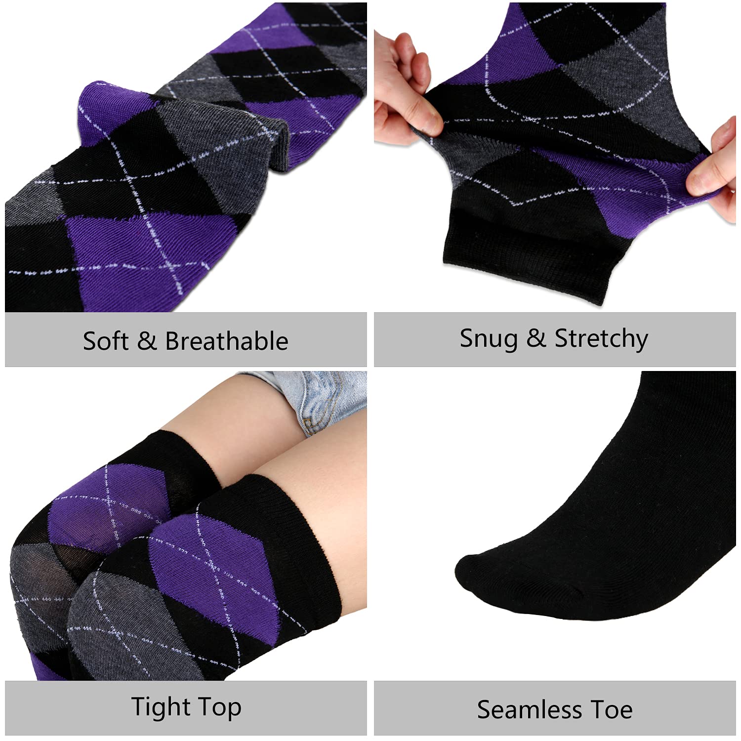 Benefeet Women's Thigh High Argyle Socks - Striped Over Knee Stockings for Fun Outfits