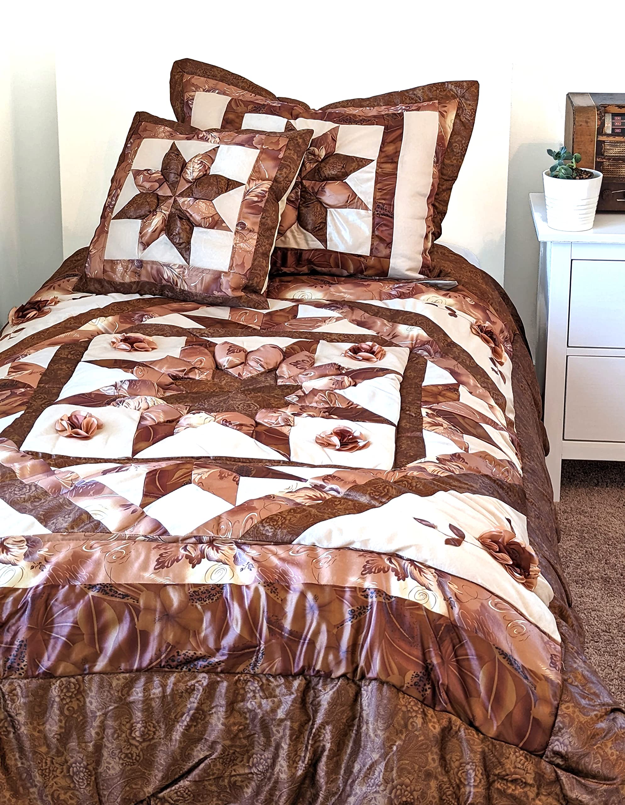 Twin Size Log Cabin Floral Patchwork Quilt Set - Dark Chocolate Brown Cottage Style Comforter with Bronze Stars | Cozy Bedding for Farmhouse, Rustic & Vintage Home Decor