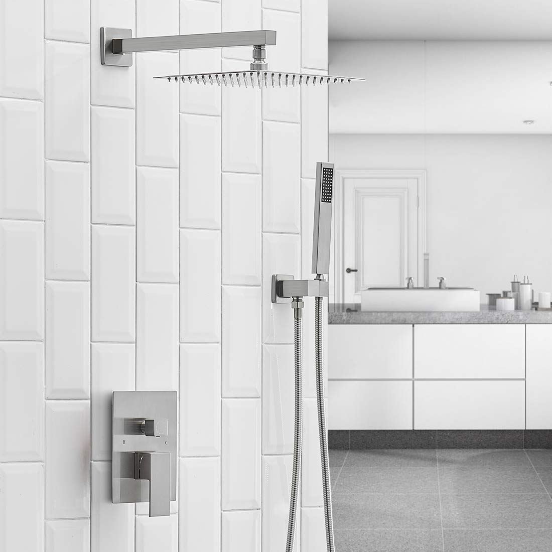 BWE 16 Inch Square Luxury Rain Shower Combo Set - Wall Mounted Rainfall Shower Head System with Brushed Nickel Faucet & Rough-in Valve - Perfect for Modern Bathroom Renovation & Spa-like Shower Experience