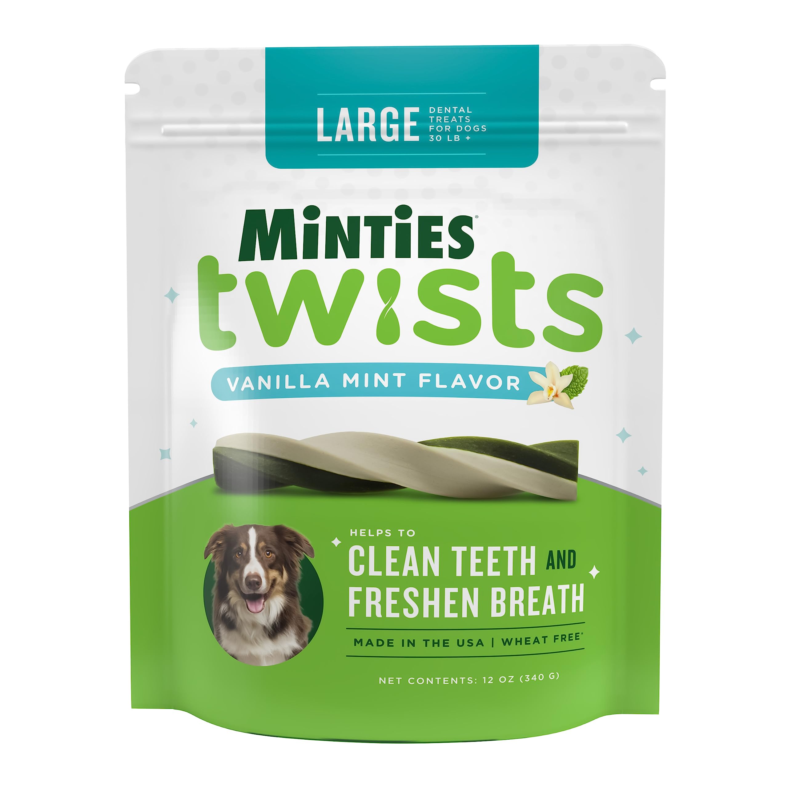 Minties Dental Twists for Dogs - Vet Recommended Vanilla Flavored Dental Chews for Teeth Cleaning, Bad Breath Control & Plaque Removal - 12oz Green Dog Treats (Pack of 1) - Perfect for Daily Oral Care & Puppy Dental Hygiene