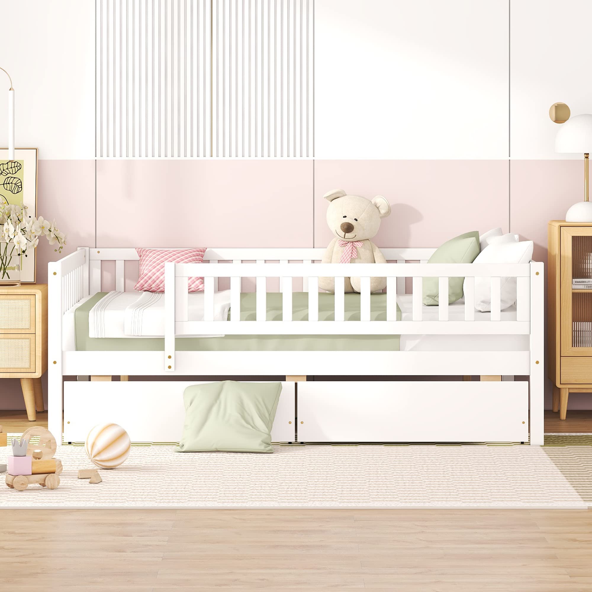 DEINPPA Full Size Wooden Bed Frame with Storage Drawers - Kids Daybed with Slats for Toddlers, Boys & Girls - White | Perfect for Small Bedrooms, Guest Rooms & Kids' Dorm Storage Solutions