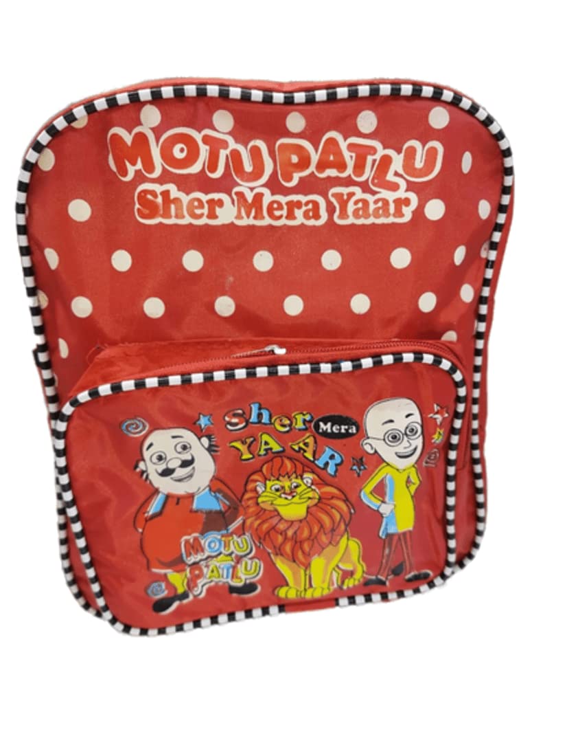 PANORAX Motu Patlu Cartoon School Backpack for Kids - Red Polka Dots Design, Lightweight & Durable Bookbag for Boys & Girls - Perfect for School, Travel & Daily Use