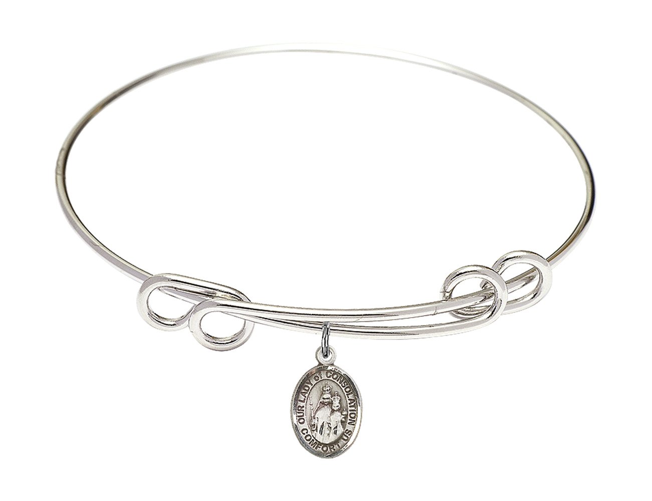 Sterling Silver Round Double Loop Bangle Bracelet with Our Lady of Consolation Charm - Elegant Religious Jewelry for Women, Perfect for Church, Weddings & Everyday Wear