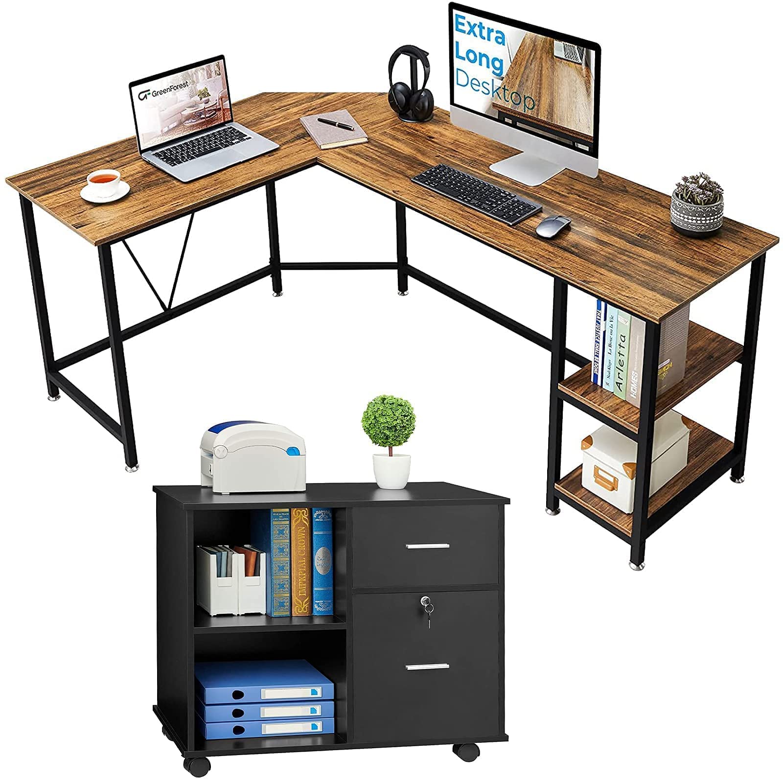 GreenForest 2-Drawer Wooden Lateral File Cabinet with Open Storage Shelves & L-Shaped Corner Desk - 65.7 Inch Office Storage Solution for Home & Workspace Organization | Perfect for Small Spaces & Corner Setups