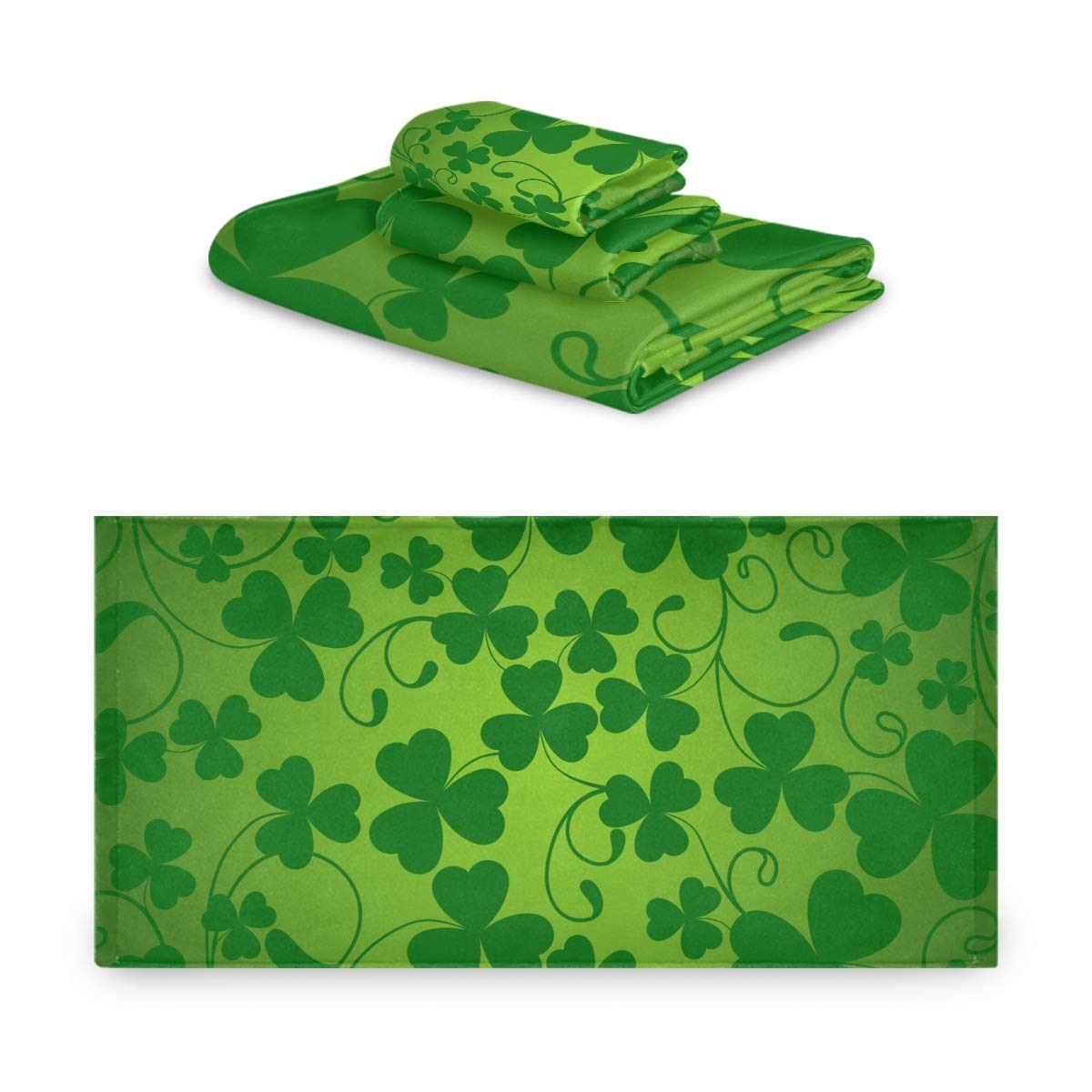 Premium Soft Green Lucky Clover Print Towel Set (1 Bath Towel, 1 Hand Towel, 1 Washcloth) - Ultra Absorbent & Quick Dry for Bathroom, Hotel, Spa & Home Decor