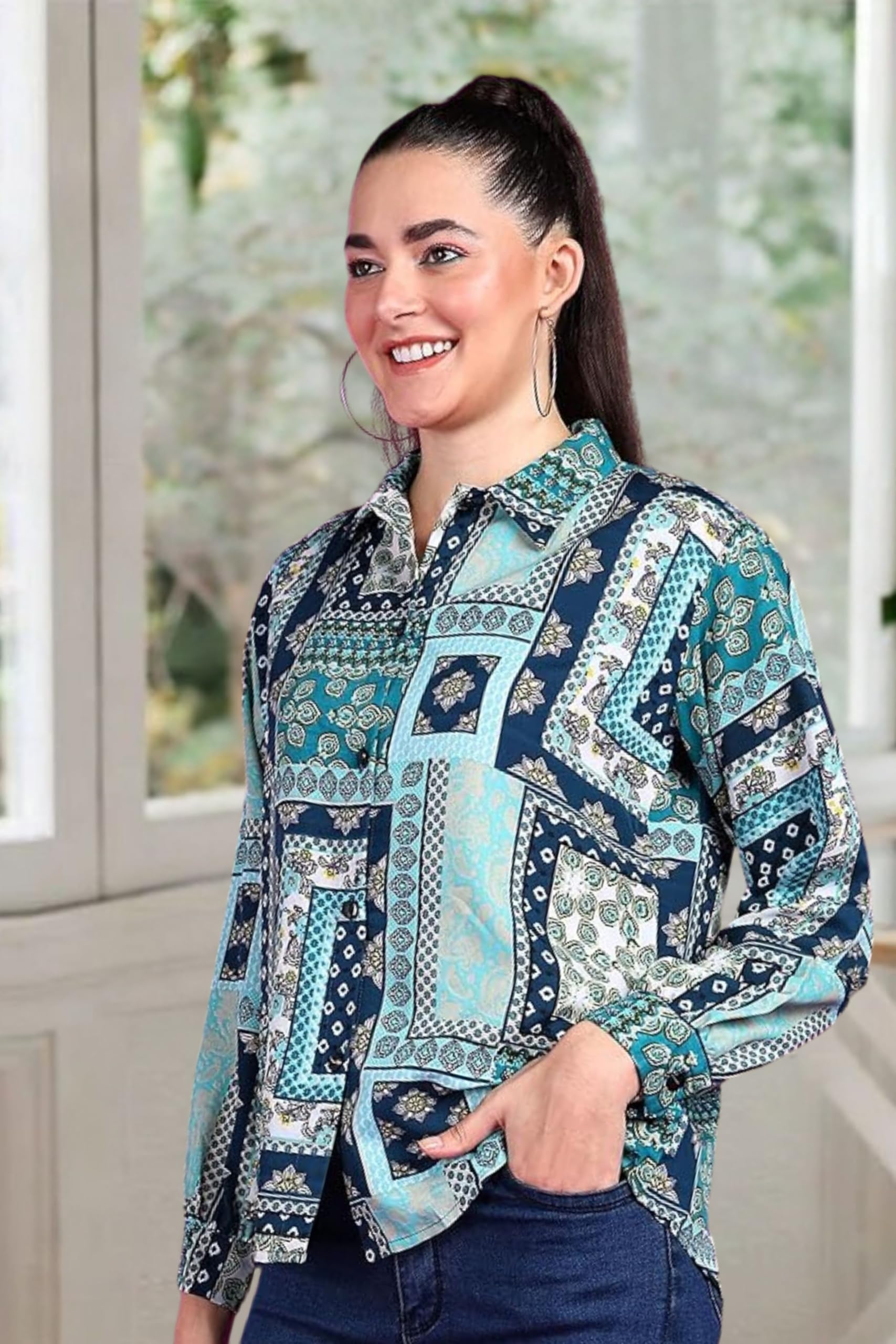 POPWINGS Women's Casual Sky Blue Floral Print Button Down Shirt - Long Sleeve Collared Blouse for Work, Office & Everyday Wear | Trendy Regular Fit Tops for Spring Summer Outfits