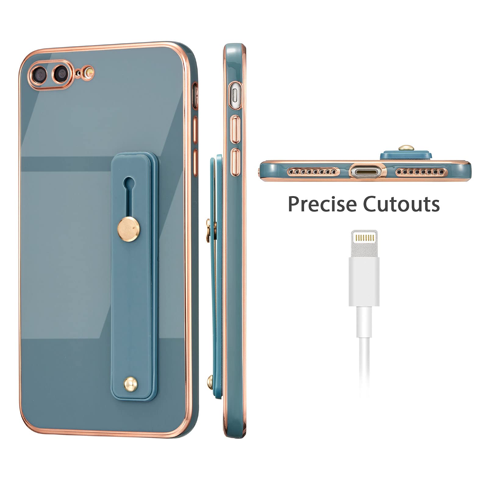 EYZUTAK Slim Shockproof Silicone TPU Case for iPhone 7 Plus & iPhone 8 Plus - Electroplated Design with Wristband, Kickstand & Finger Holder Strap (Gray) | Perfect for Workouts, Travel & Everyday Protection