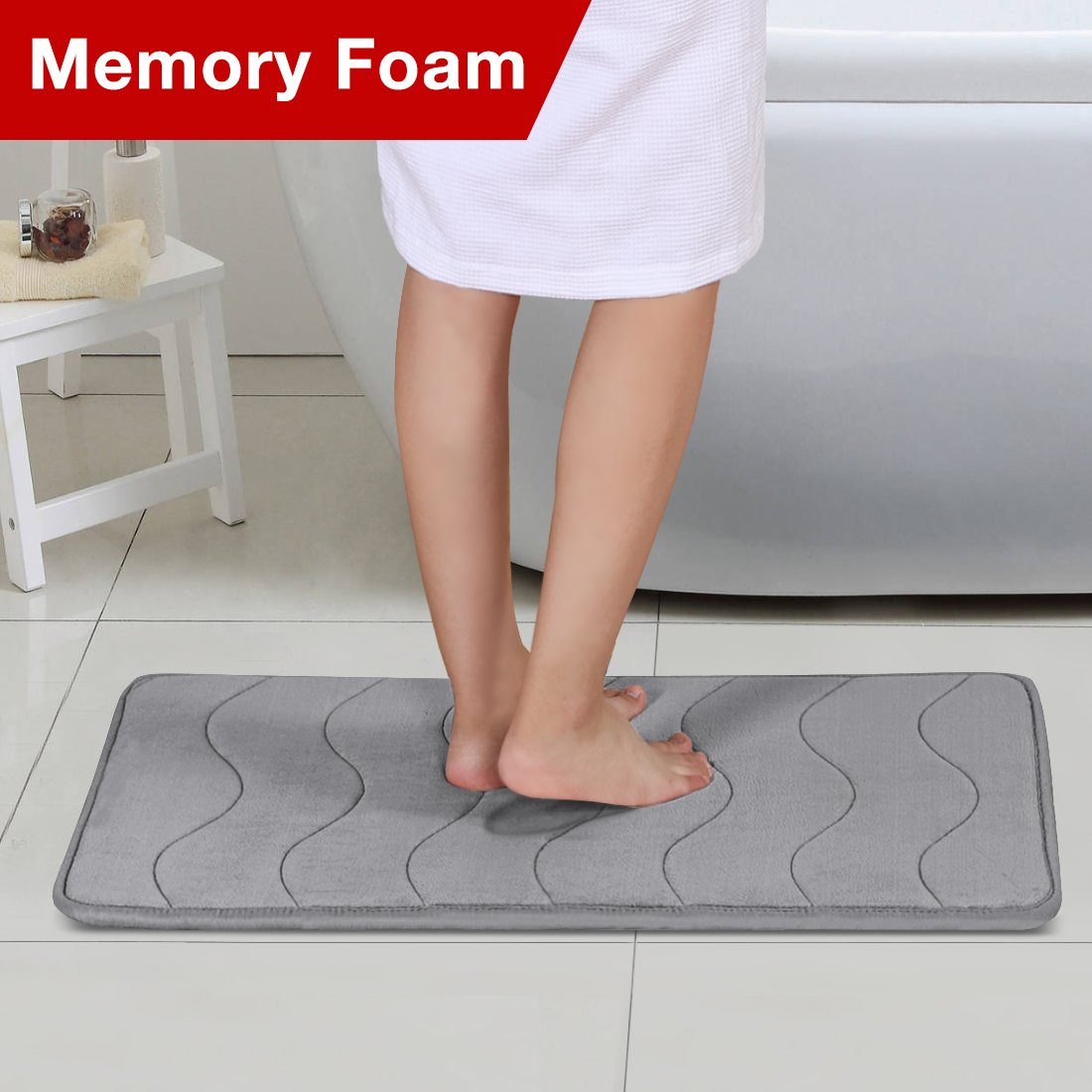 Premium Flamingo Print Memory Foam Bath Mat - Non-Slip Shower Rug for Bathroom Floor (20x32 Inches, Grey) - Soft & Absorbent for Spa-Like Comfort in Bathrooms & Showers