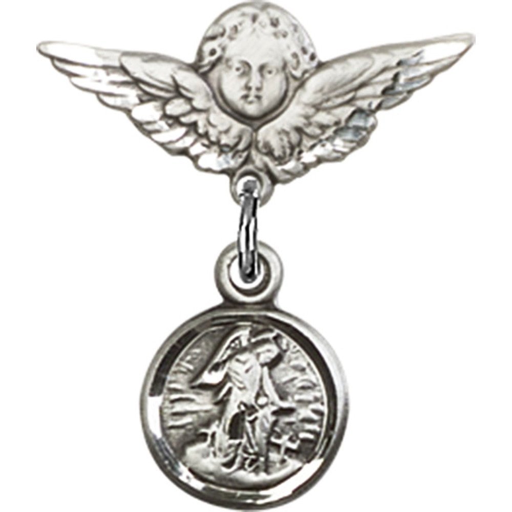 Sterling Silver Baby Badge with Guardian Angel Charm - Angel Wing Pin 3/4
