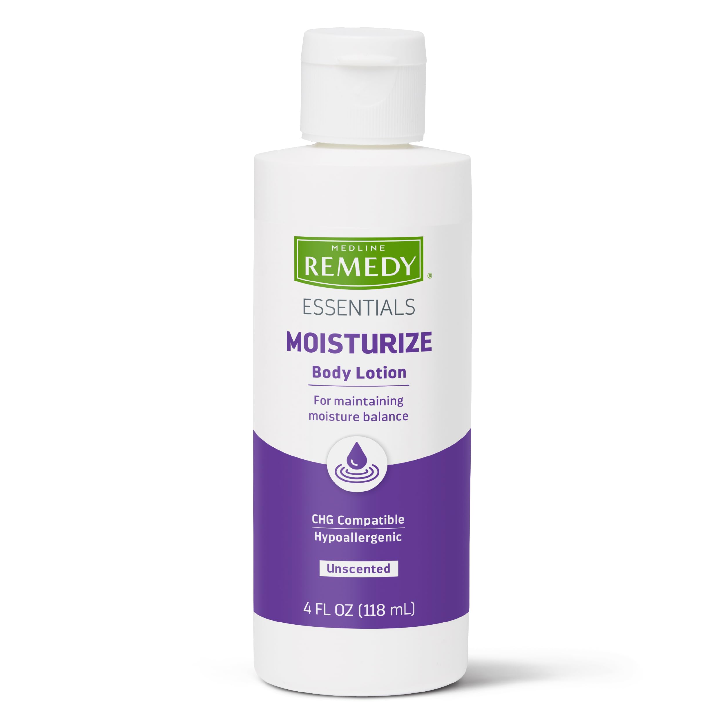 Medline Remedy Essentials Moisturizing Body Lotion - 4 oz Unscented Hydrating Lotion for Dry Skin - Hypoallergenic & Non-Greasy Formula for Men, Women & Elderly - Perfect for Daily Moisturizing, Post-Shower Care & Sensitive Skin Relief