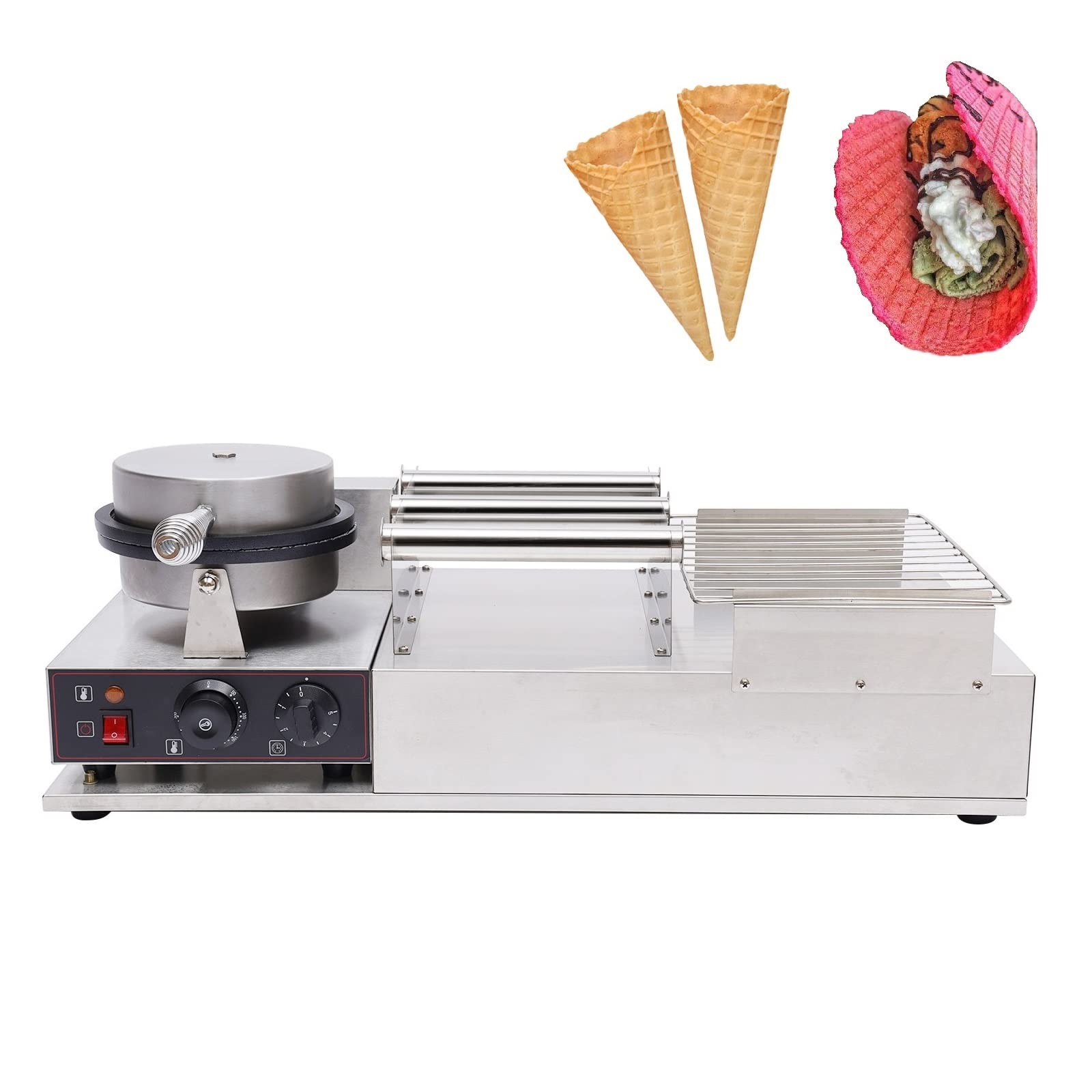 Commercial Electric Ice Cream Cone Maker 1300W - Stainless Steel Waffle Roll Maker with Cone Mold - Professional Dessert Equipment for Restaurants, Ice Cream Shops & Snack Bars - Perfect for Making Crispy Waffle Cones, Tacos & Egg Rolls