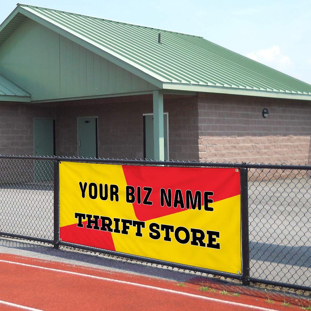 Custom Industrial Vinyl Banner for Business & Thrift Stores - 12x30 Inches (Red & Yellow) | Durable Outdoor Advertising Sign for Storefronts, Sales & Events
