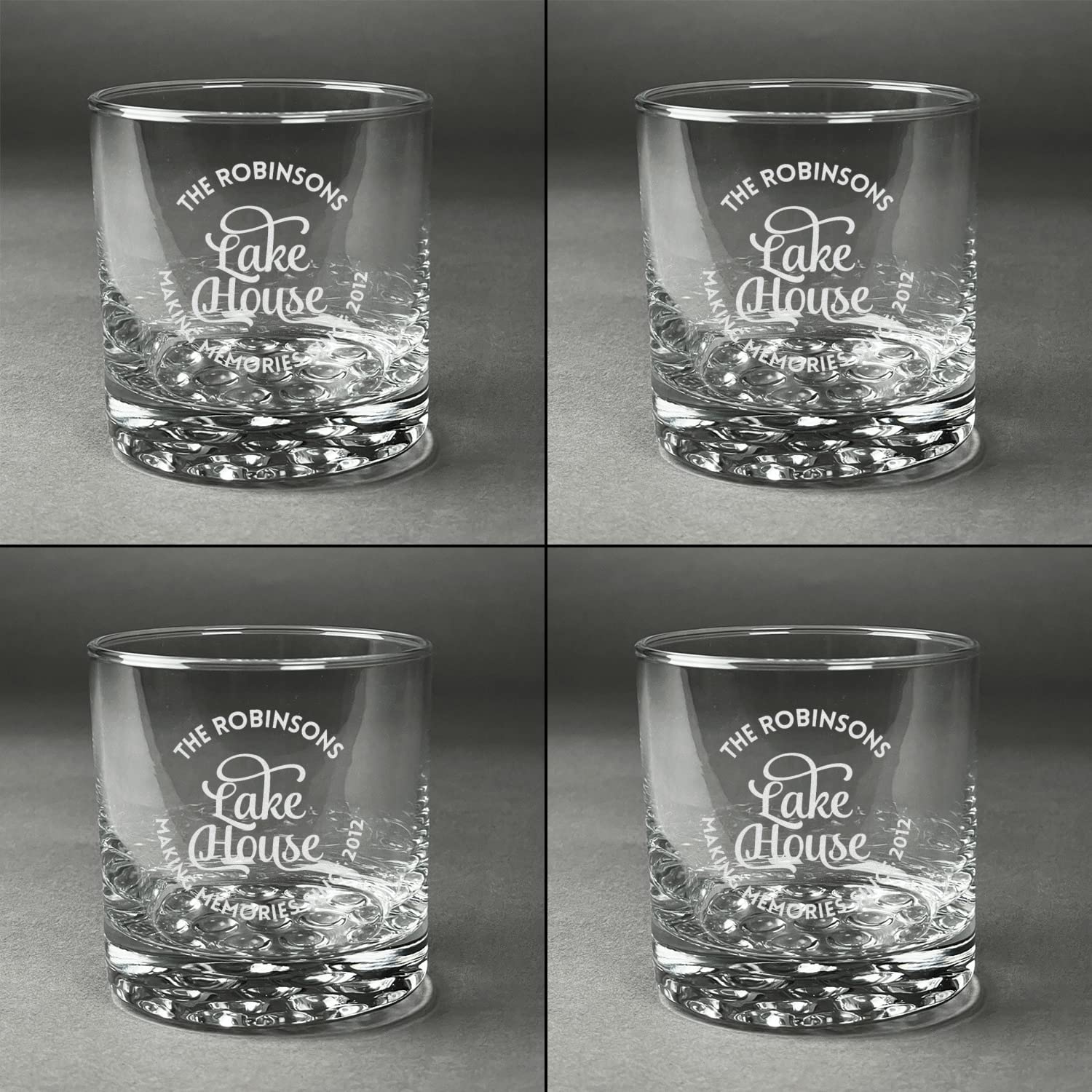 Personalized Lake House Whiskey Glasses Set of 4 - Engraved Bourbon Scotch Rocks Glasses for Cabin, Cottage & Home Bar Gifts