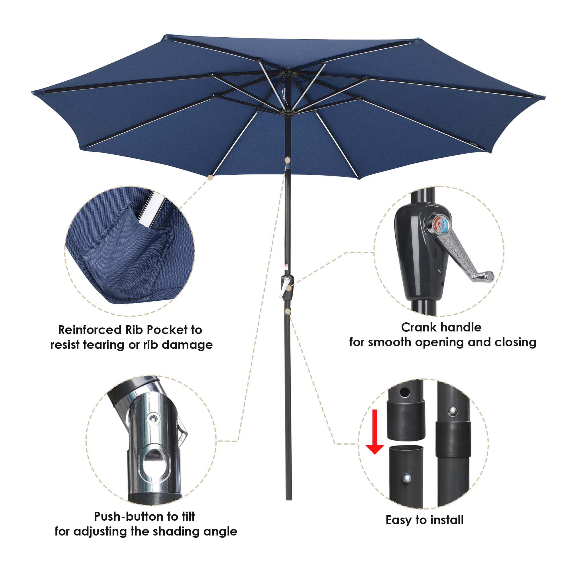 10FT Solar Powered LED Light Bar Patio Umbrella with Tilt Crank - Aluminum Market Umbrella for Backyard, Pool, Deck, Garden & Cafe - Navy Blue Outdoor Lighting for Nighttime Use